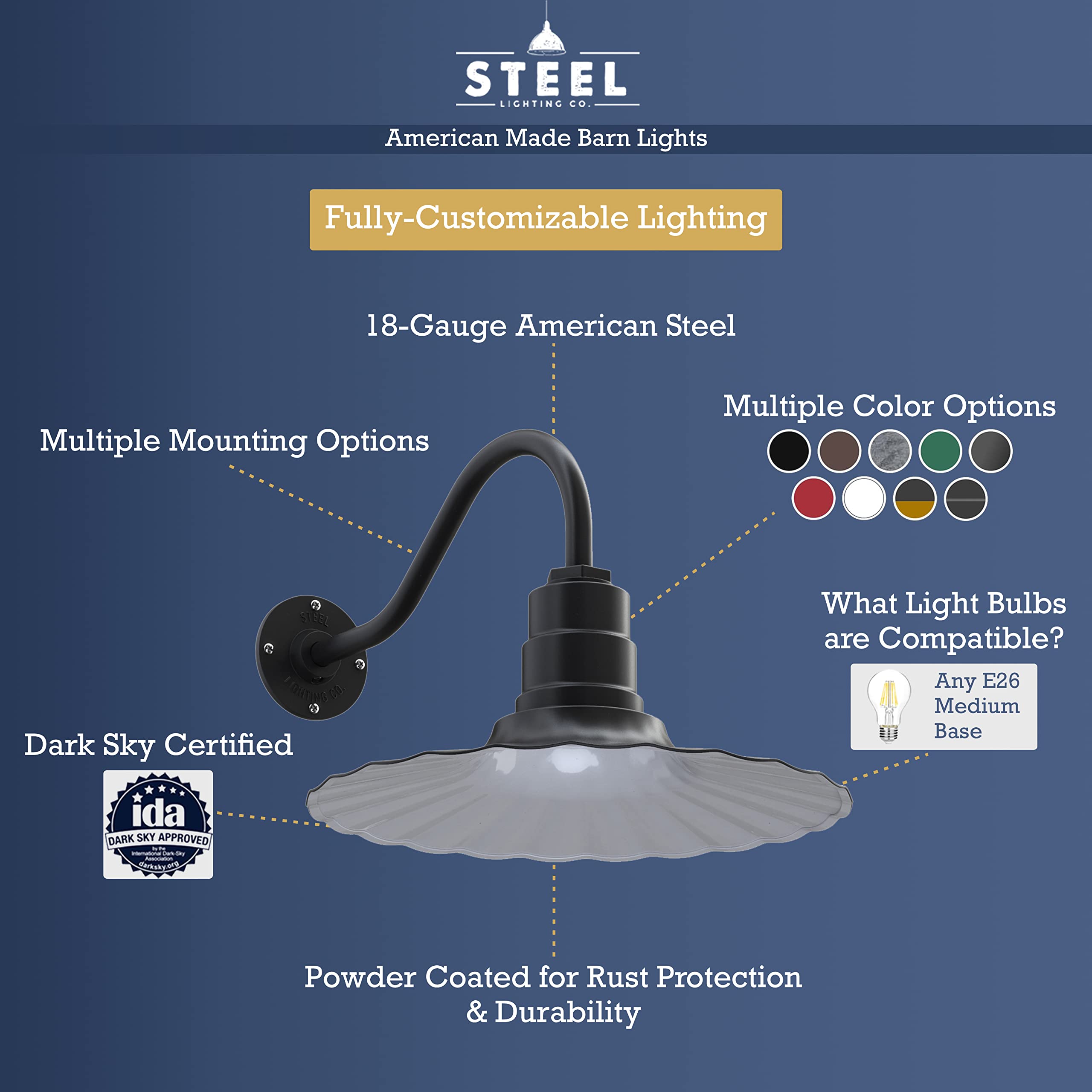 Steel Lighting Co. Highland Park Barn Light - Outdoor Wall Mounted, 16in Gooseneck, Alloy Steel, Galvanized Finish