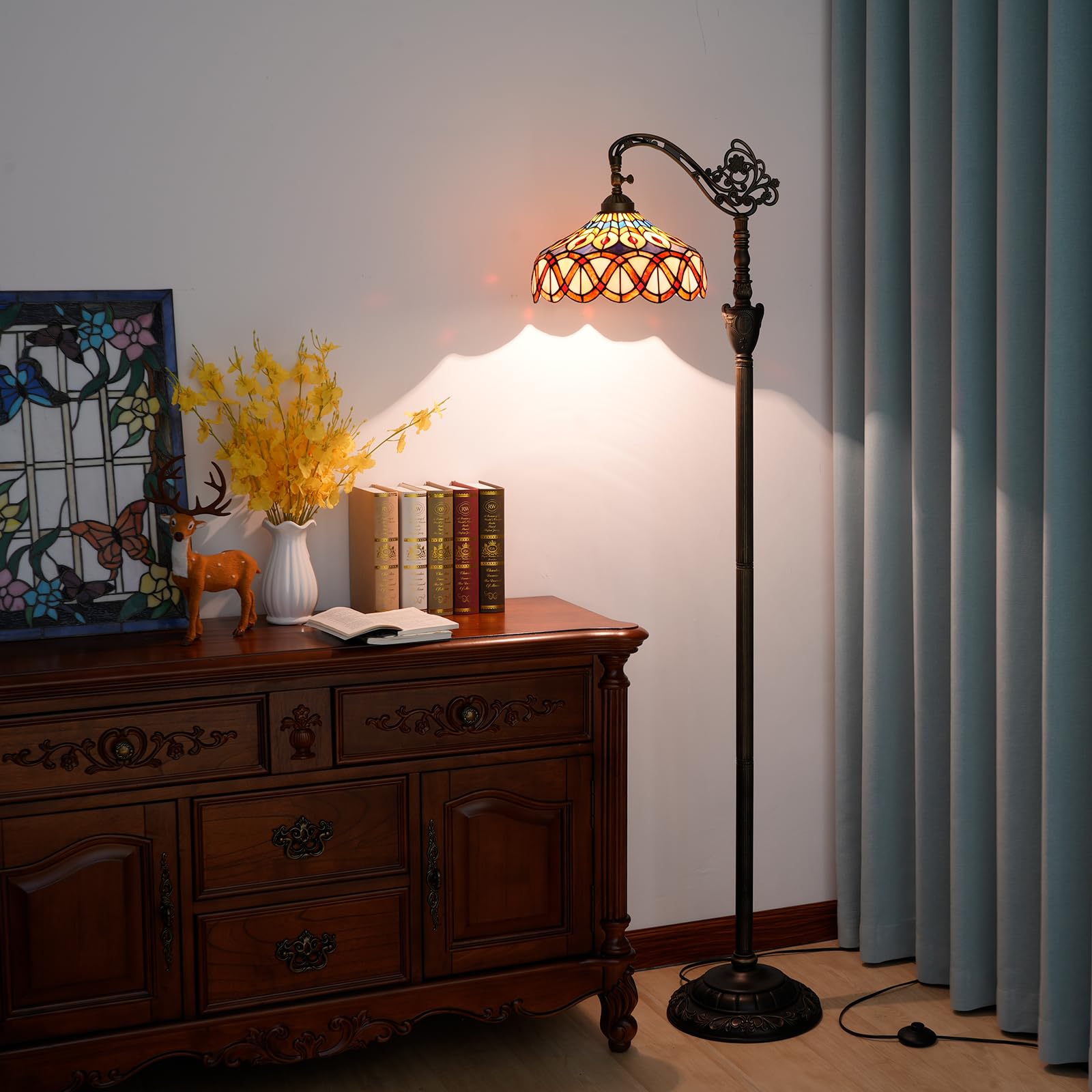 Blivuself Tiffany Floor Lamp Yellow Peacock Tail Stained Glass Floor Light Adjustable Angle Tall Standing Lamp 63 Inches For Hom