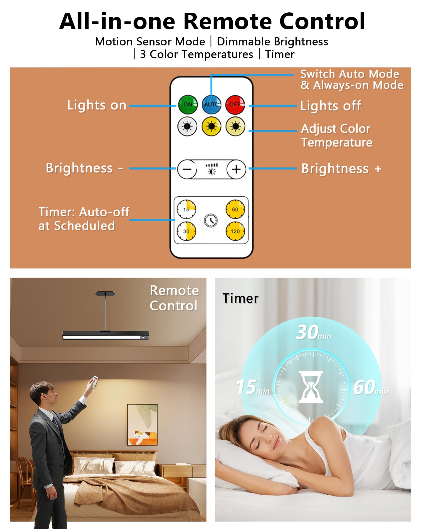 Rechargeable Motion Sensor Ceiling Light, Full Metal Pendant Lights, Battery Operated Led Closet Lights With Remote, Timer - 3 C