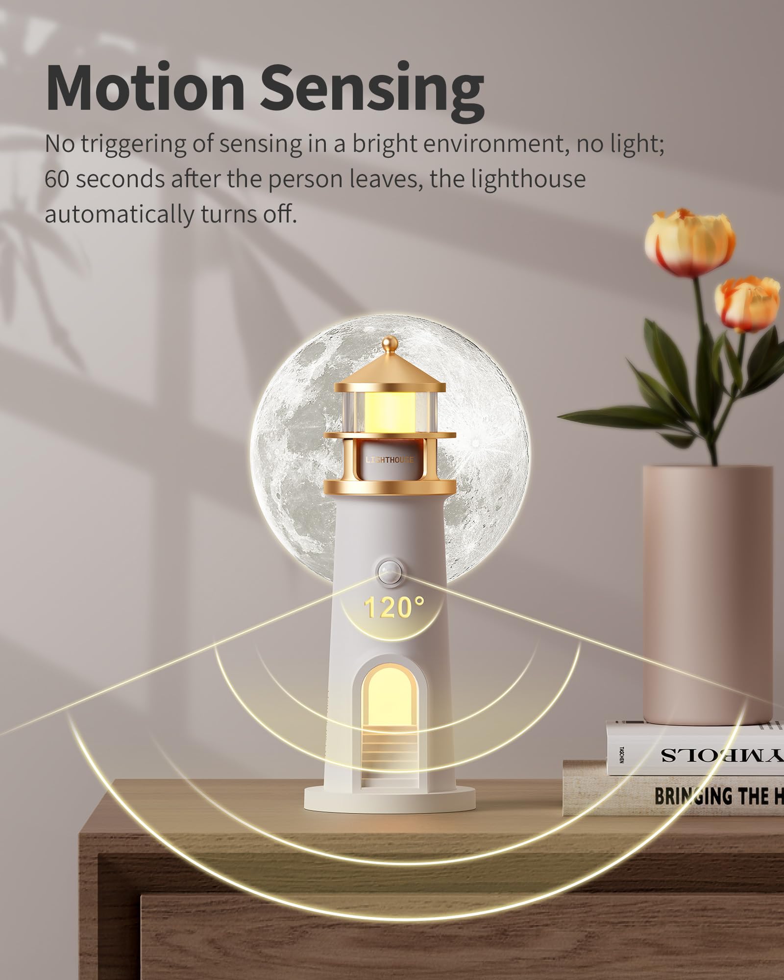Newsee Led Cordless Night Lights Set Of 2, Wireless Portable Motion Sensor Moon Lighthouse Lamp, Rechargable Battery Powered Tab