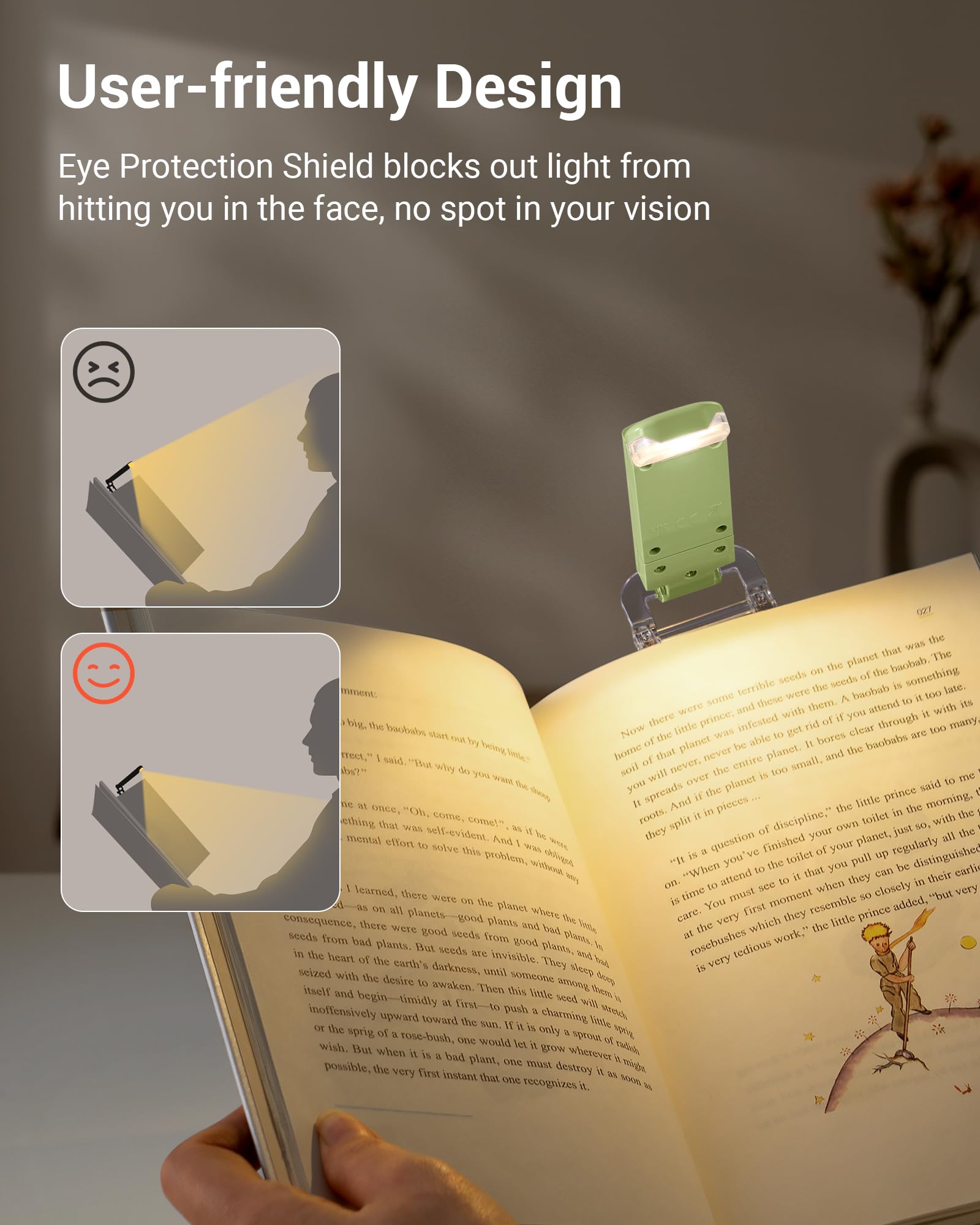 DEWENWILS USB Rechargeable Book Reading Light, LED Clip-On, 4 Brightness Levels, Grass Green, Model IT-008