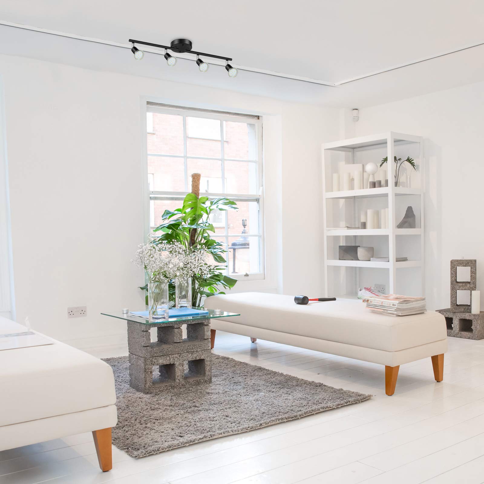 Ascher 4-Light Led Track Lighting Kit, Flexibly Rotatable Light Heads, 4 Way Ceiling Spotlight Black Finish, Including 4 Gu10 Le