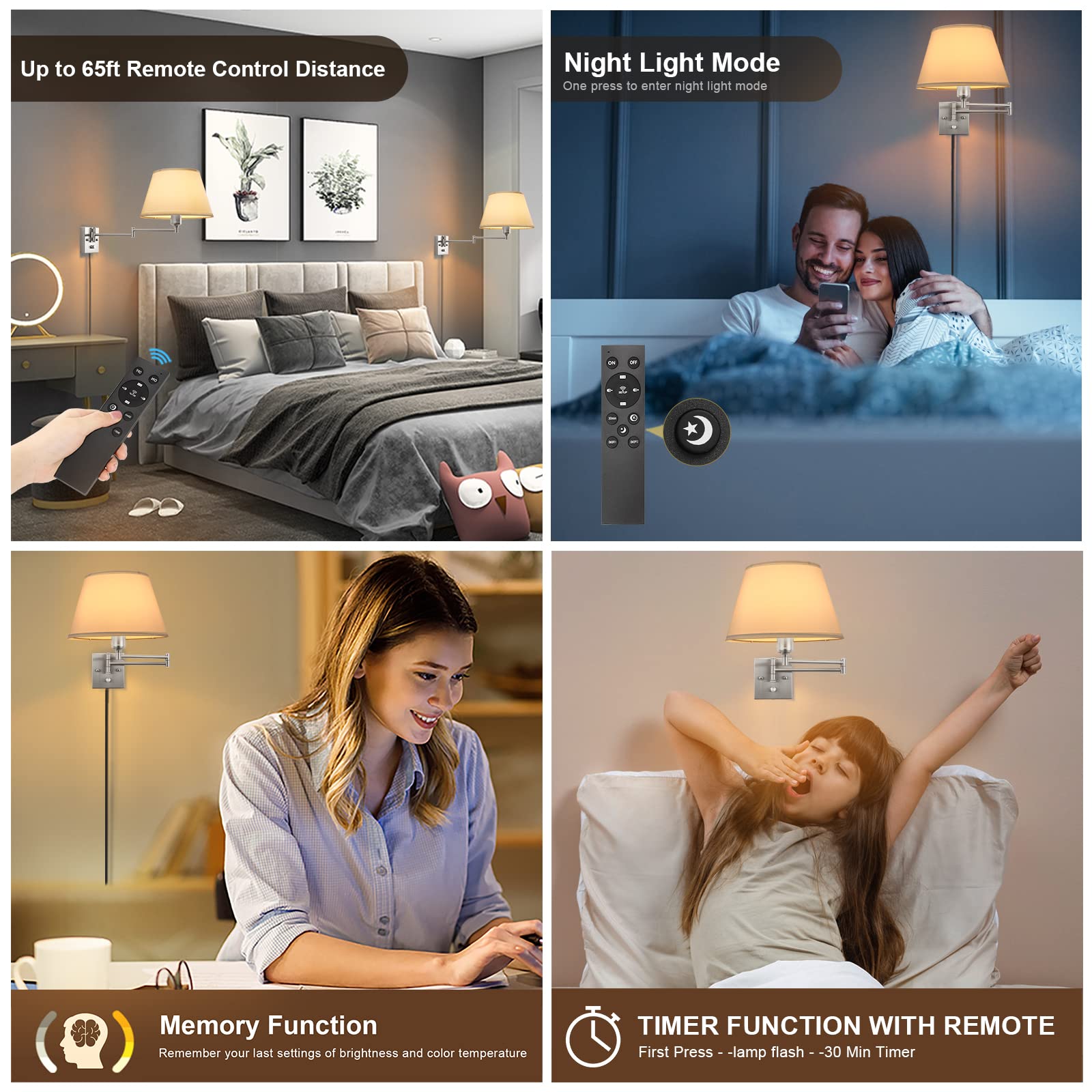 TRLIFE Dimmable Wall Sconce with Remote Control, Adjustable 2700K-6500K, Large White Fabric Shade, Model BYsconce-L-ReWhi, 2 Pack