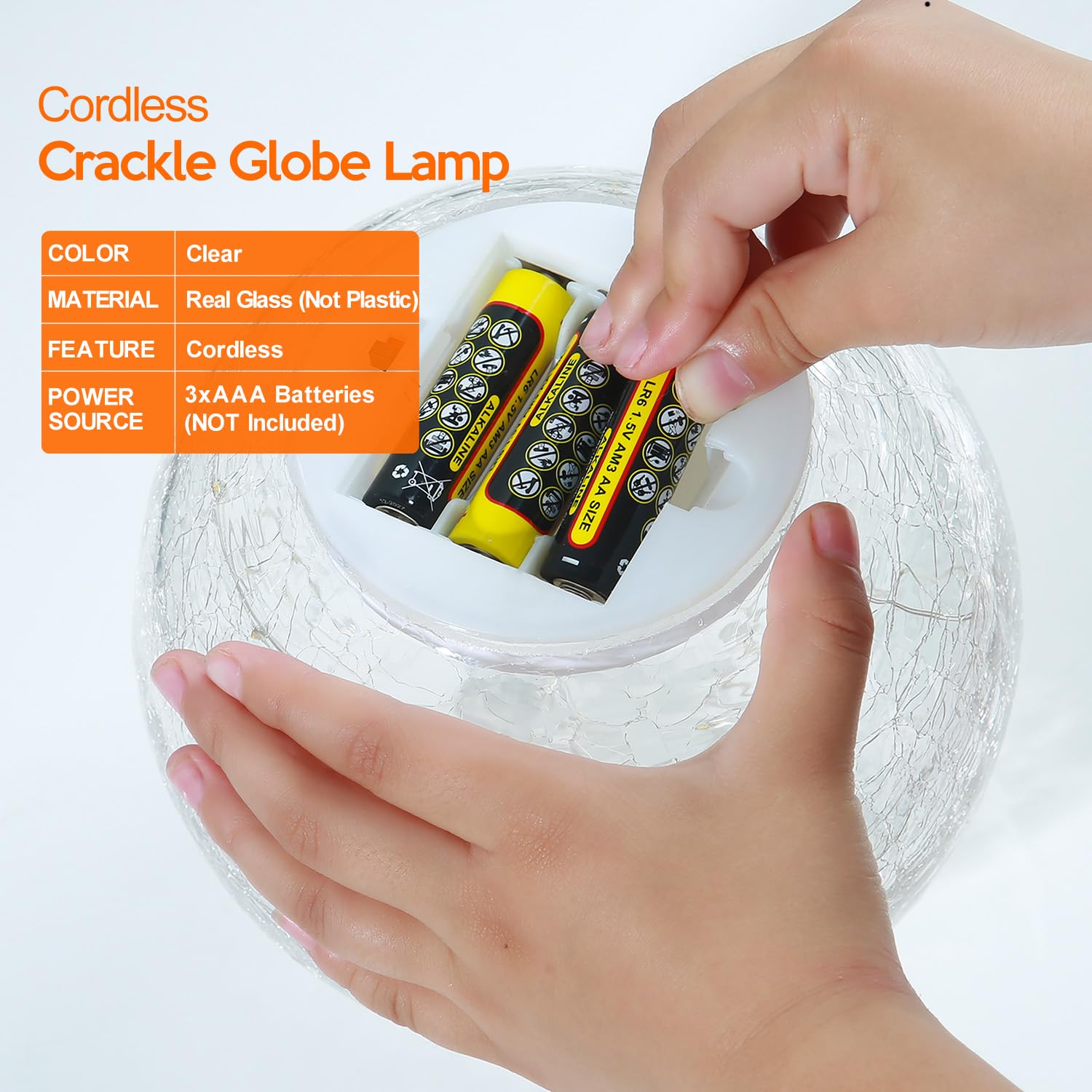 Crackle Globe Led Lamp Battery Operated With Timer, Lighted Glass Orb For Living Room & Festival Christmas Decoration, Indoor Gl