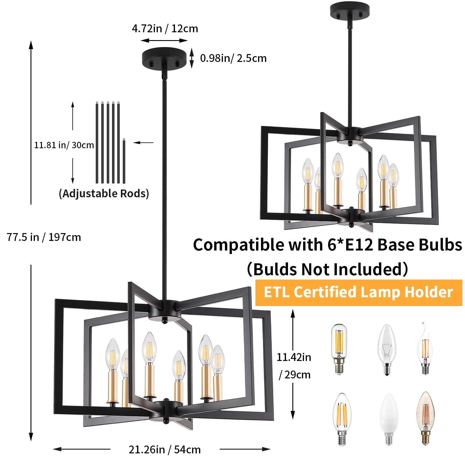 MIAYBPH Black Chandelier, 6-Light Geometric Metal Fixture for Dining Room, Modern Industrial Design, E12 Bulbs Not Included