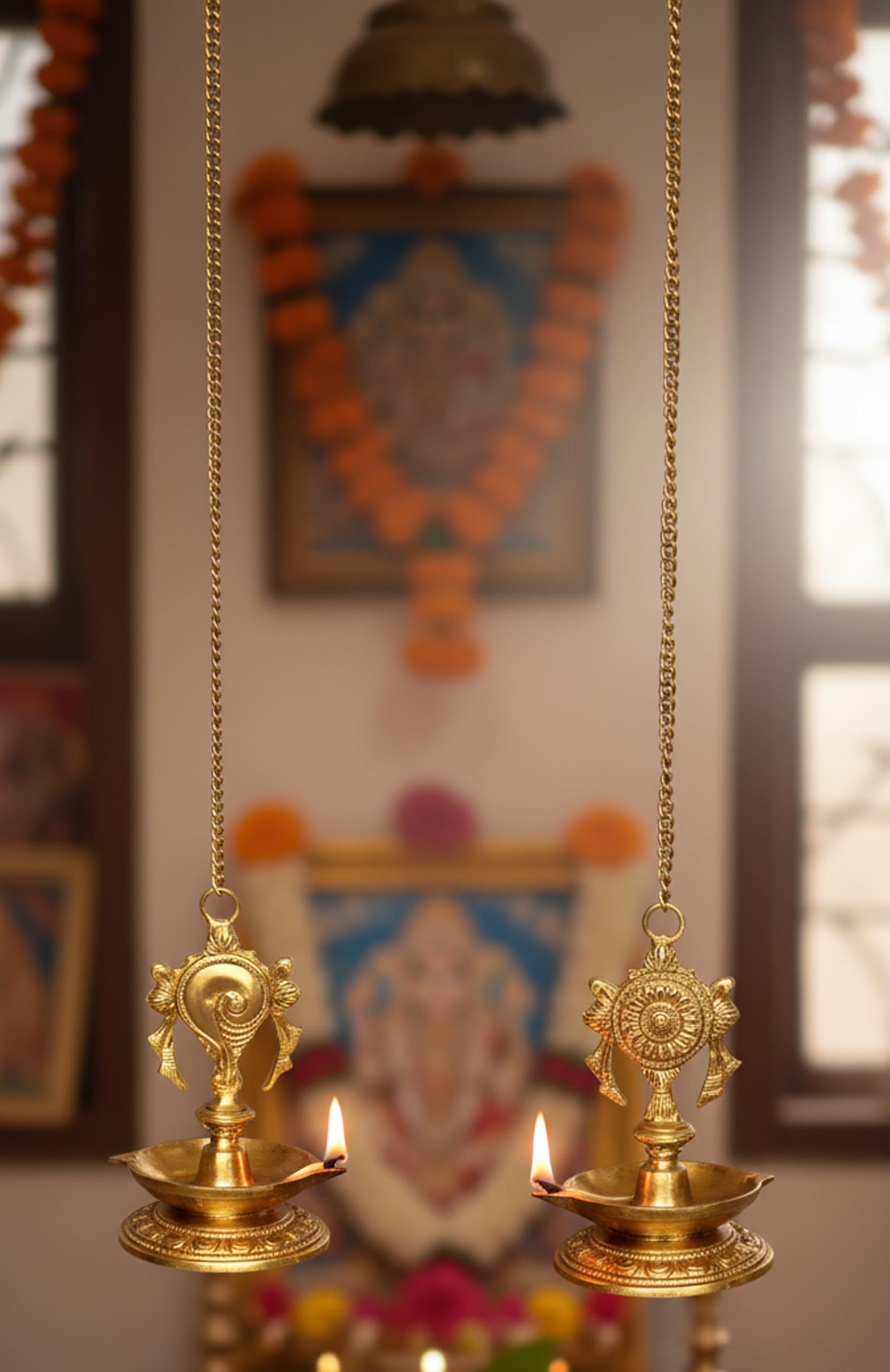 Stonkraft Brass Hanging Diya - Golden Oil Lamp For Home & Office, 25.75 Length, Model: Brass-Hanging-Diya