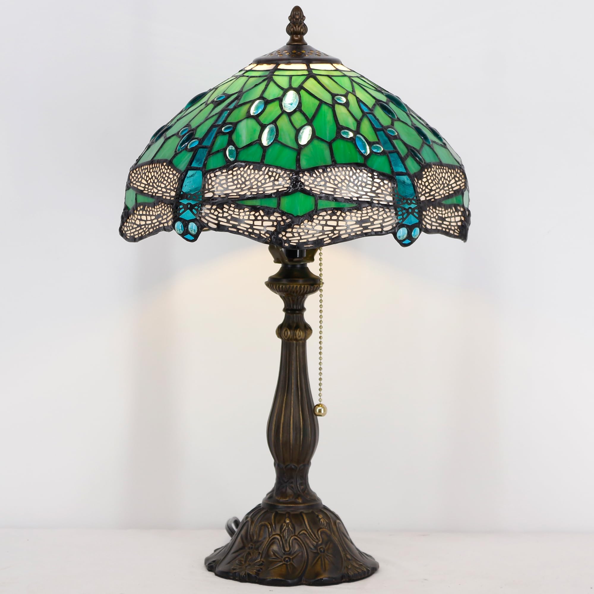 Zjart Tiffany Table Lamp Stained Glass Lamp 12X12X19 Inch Antique Reading Light (Green Dragonfly)