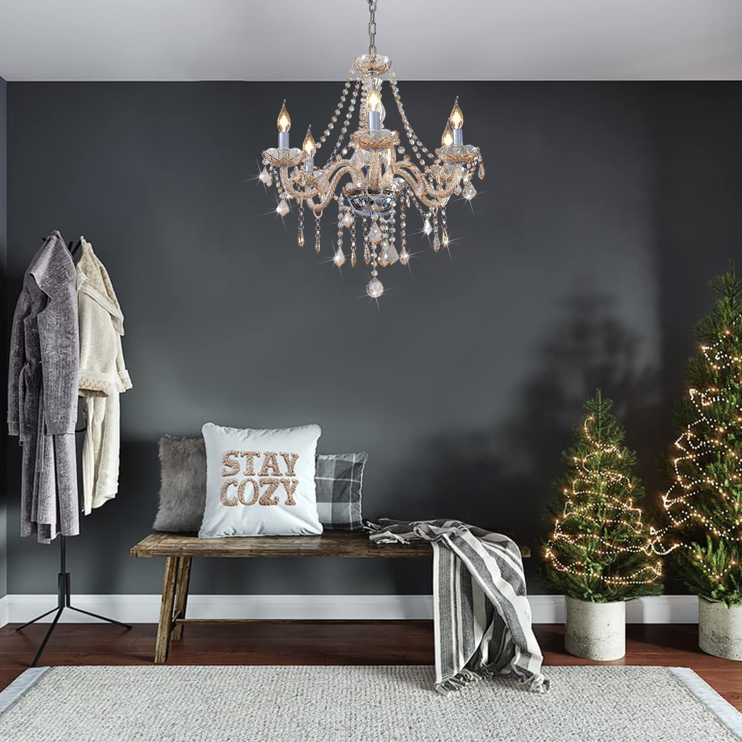 Crystop Crystal Chandeliers For Dining Room, 6-Lights Classic Cognac Pendant Light, Vintage Chandelairs For Bedroom, Candle Ceil