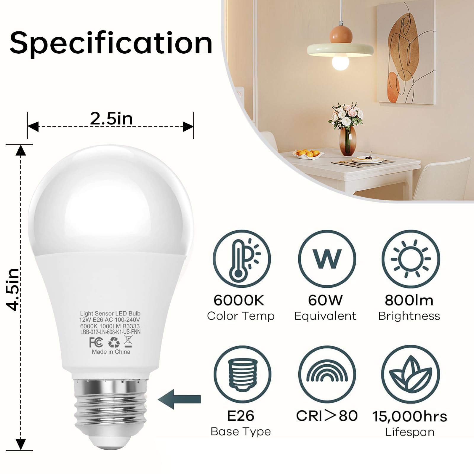 Boxlood Dusk To Dawn Led Outdoor Light Bulb, 12W Supper Bright A19 Dusk To Dawn Light Bulbs, Auto On/Off Photocell Automatic For Indoor Outdoor, 6000K, 6 Pack