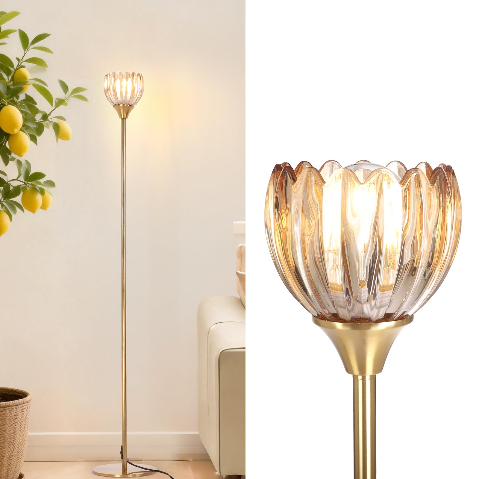 Shenmoyl Floor Lamps for Living Room, Bedroom, Gold Standing Lamp with 12W Bulb, Vintage Floor Lamp for Reading, Nursery, Corner