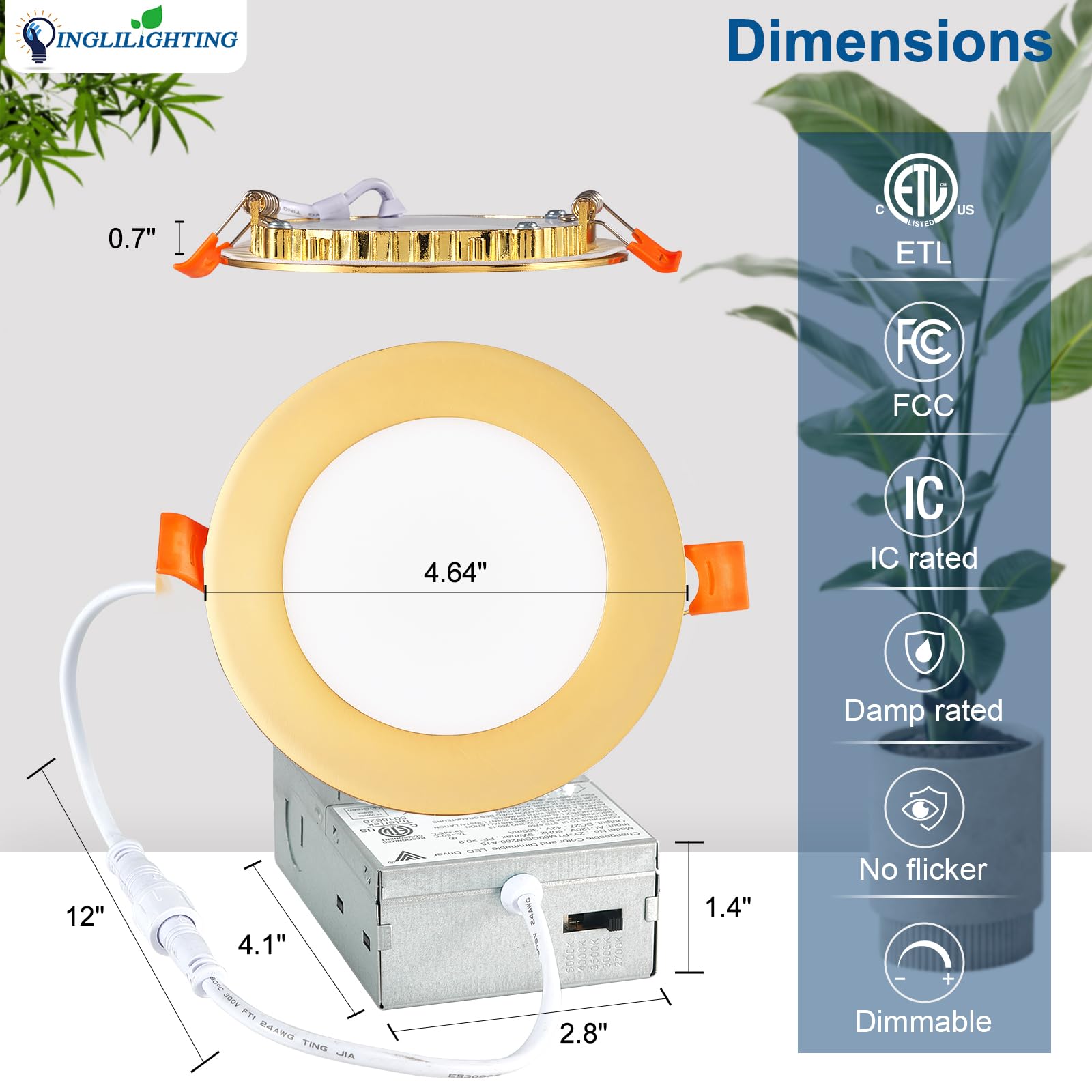 Dllt Led Recessed Ceiling Lights: 12 Pack 4 Inch 5Cct Ultra-Thin Lighting With Junction Box For Bedroom - 900Lm Brightness 9W Eqv 80W Dimmable Canless Wafer Downlight With Etl&Fcc-Gold