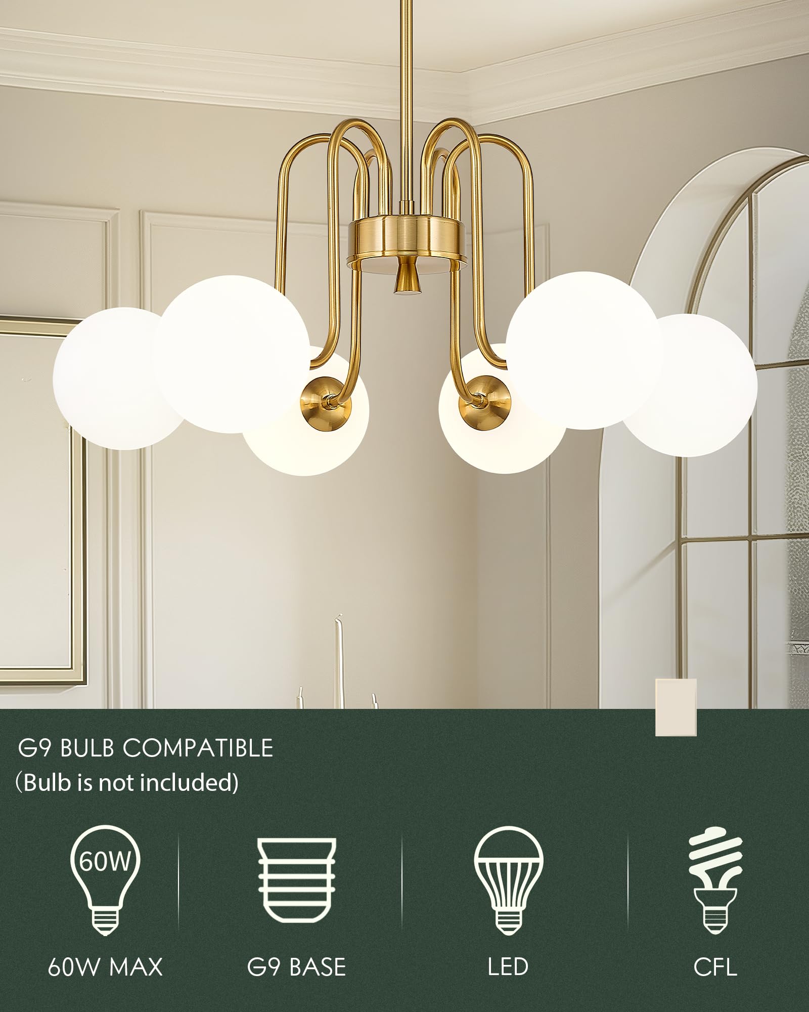 Cargifak Gold Chandelier With Frosted Glass Globe, 6-Light Modern Pendant Light For Kitchen, Bedroom, Hallway, Living Room,Ckpl4
