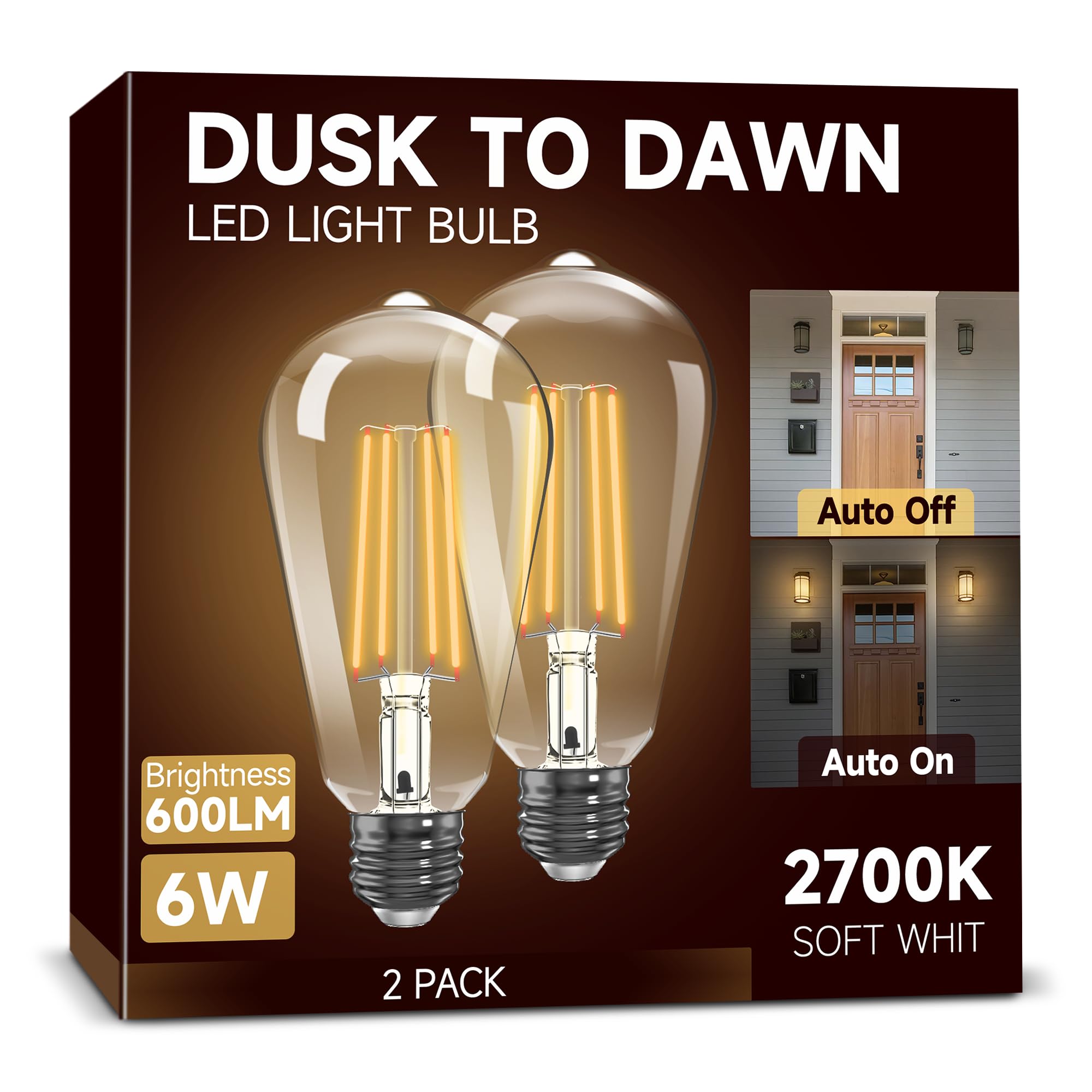 Unilamp Dusk To Dawn Light Bulbs, Outdoor Light Bulbs, St64 6W Equivalent 60W, 2700K Soft White, 600Lm Led Outdoor Lighting, E26