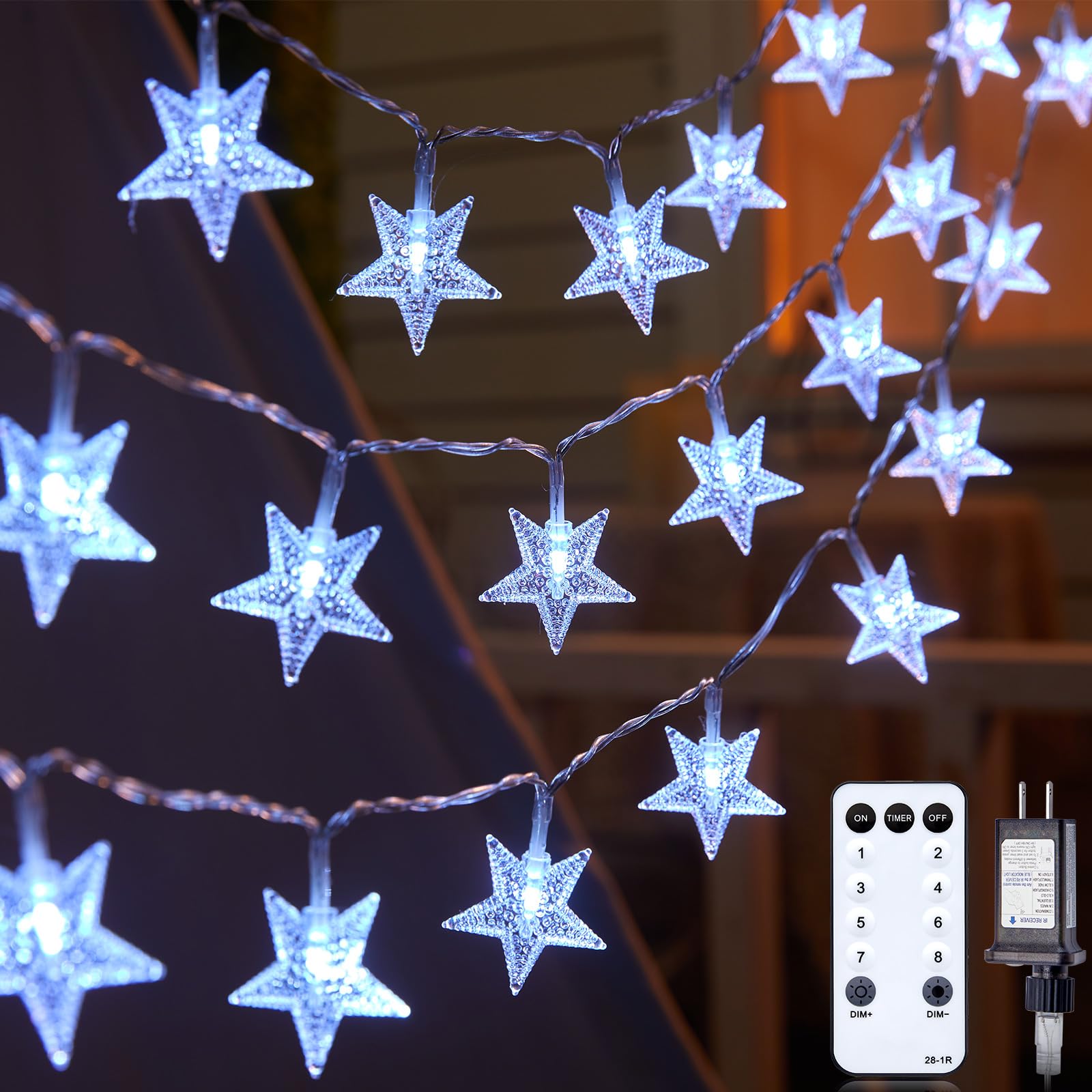 Minetom Star String Lights - 33 ft, 100 LED, Remote & Timer, 8 Modes, Waterproof, White
