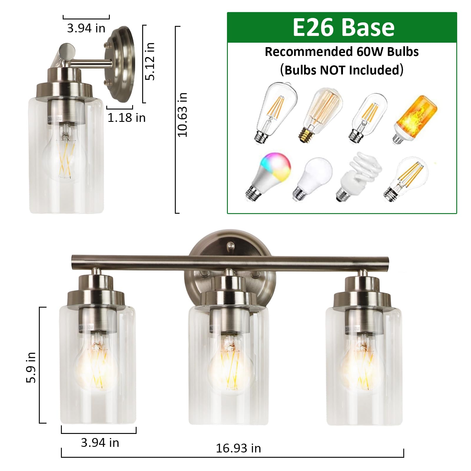 DINGLILIGHTING 3-Light Bathroom Light Fixtures, Brushed Nickel, Glass Shade, Model DINGLILIGHTING, Upgrade Size