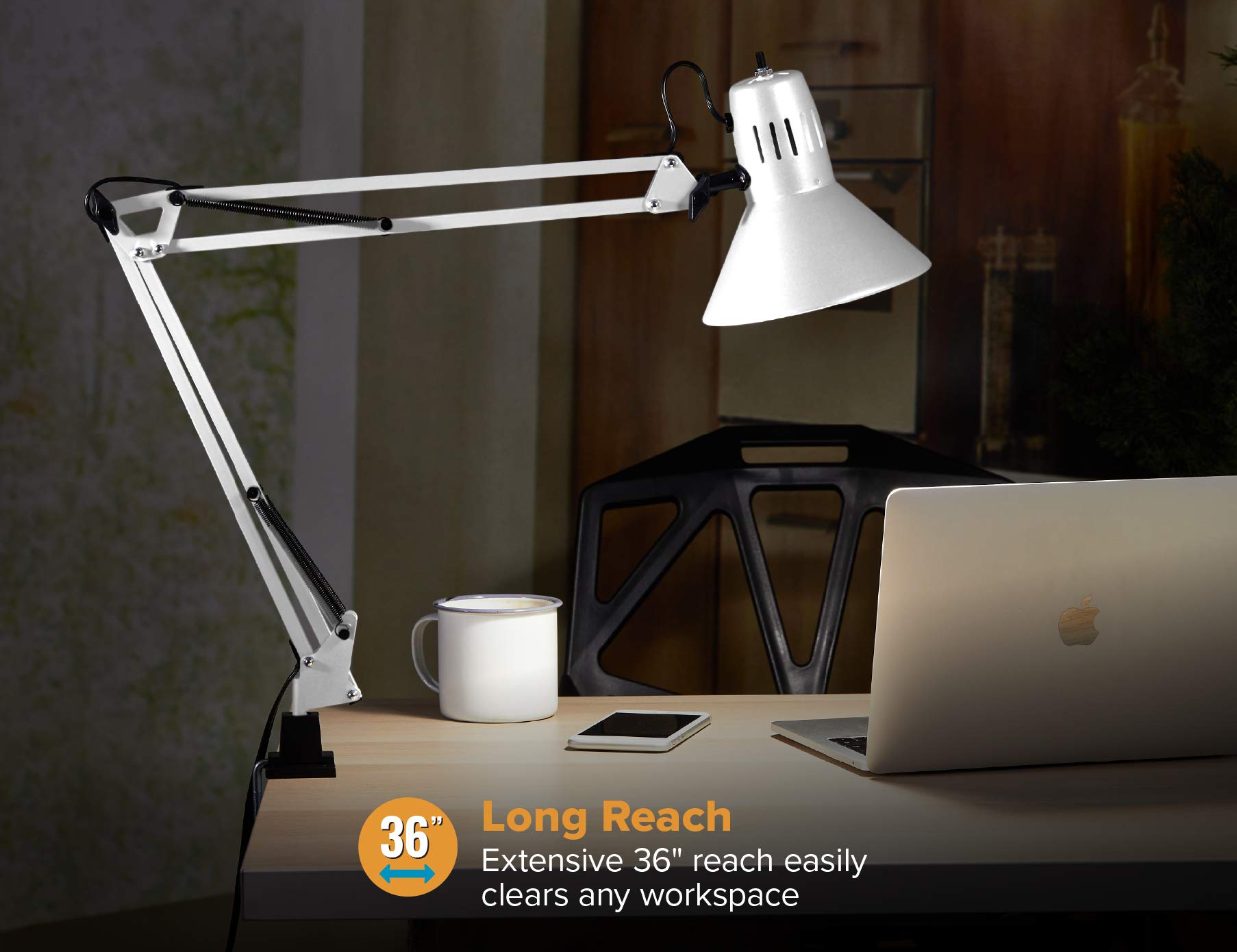 Bostitch Office Vlf100-Wht Swing Arm Desk Lamp With Clamp Mount, 36" Reach With Multi-Joint Adjustment, Includes Replaceable Led Bulb (Vlf), White