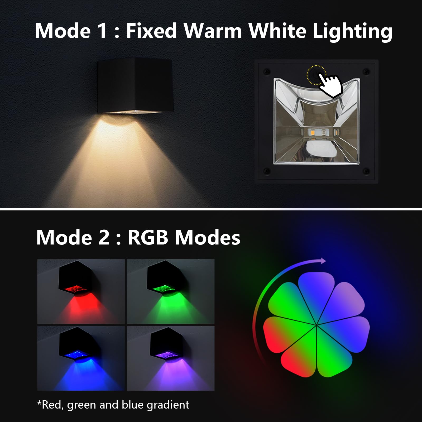 Solar Wall Lights Outdoor Waterproof Dusk To Dawn Solar Fence Light Ip65 Led Square Modern With Warm White & Rgb Modes Lighting For Yard  Patio  Deck  House Numbers 4 Pack