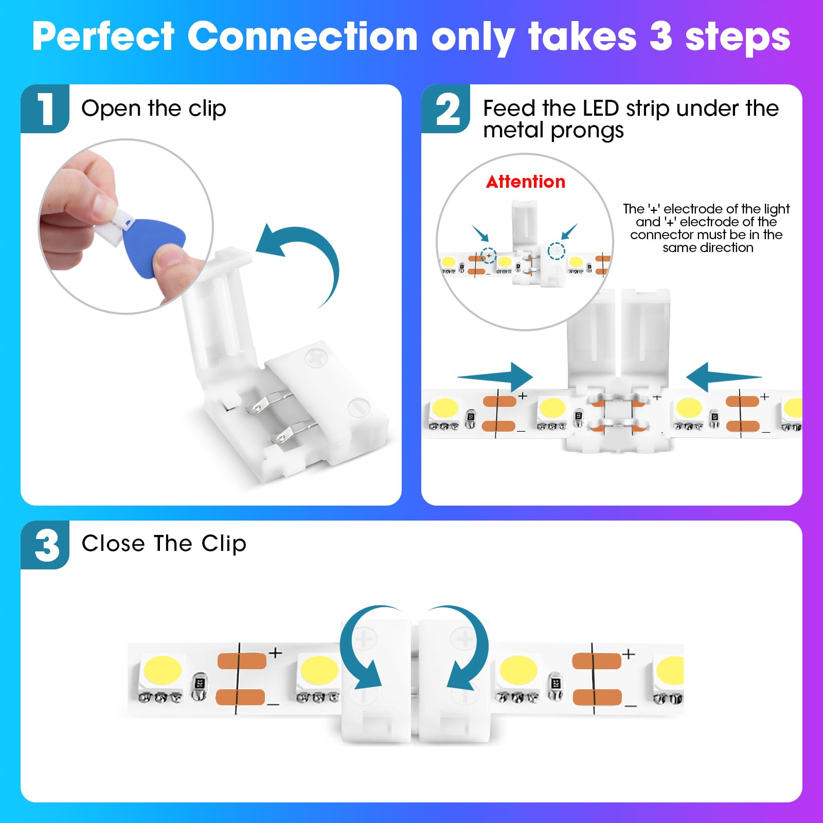 Wenhsin 10-Packs 2-Pin Led Connectors For Led Strip Lights 8Mm Width Unwired Gapless Solderless Adapter Extension