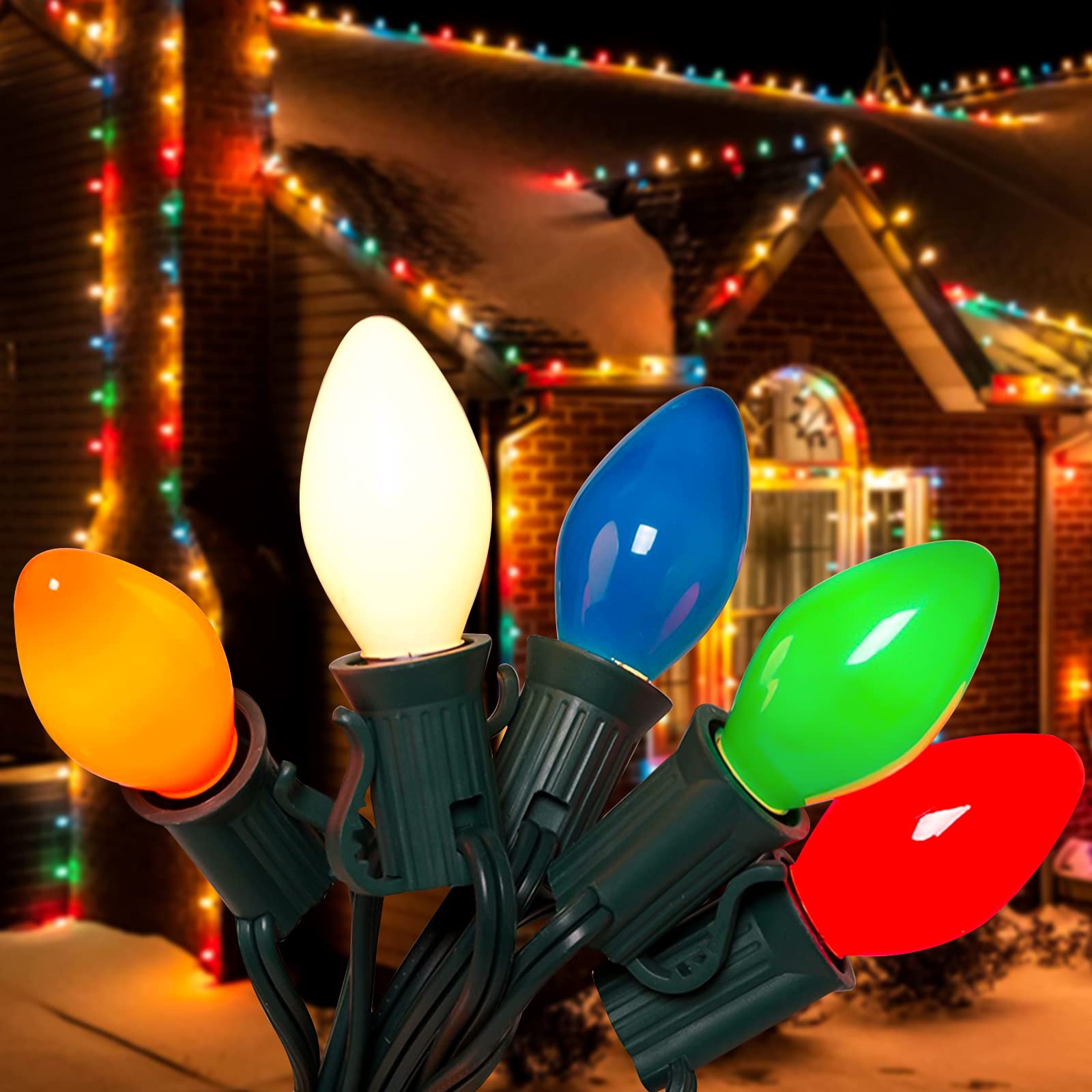 Pallerina C7 LED Christmas String Lights 25Ft Multicolor Outdoor Decor with 27 Ceramic Bulbs, E12 Base