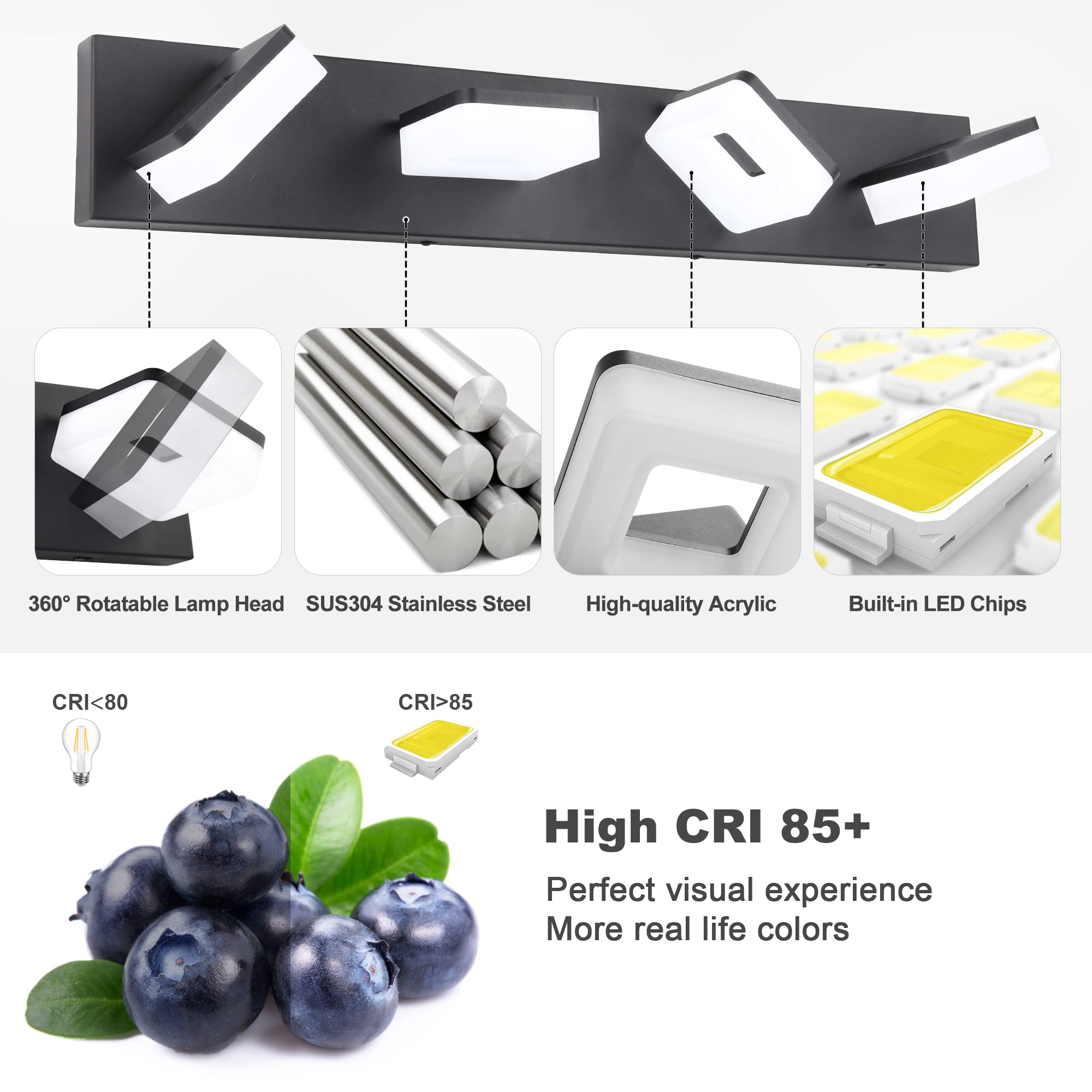 Goodate Dimmable Black Led Vanity Light, 4 Light Fixtures, Adjustable 3000K/4000K/6000K