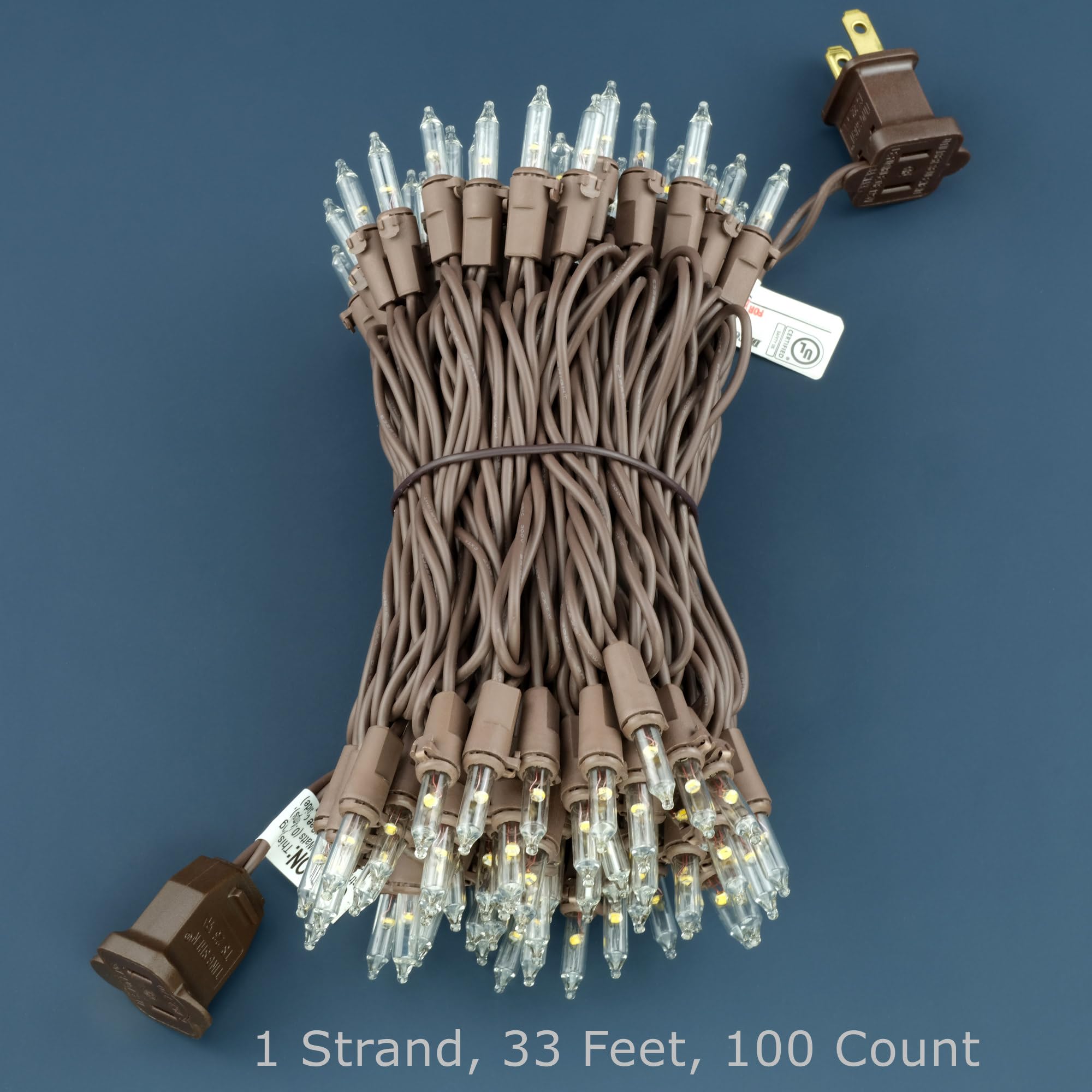 YULETIME 100 Count Mini String Lights, 33ft Brown Wire, Warm White, UL Certified, Copper Wire and Glass Bulbs