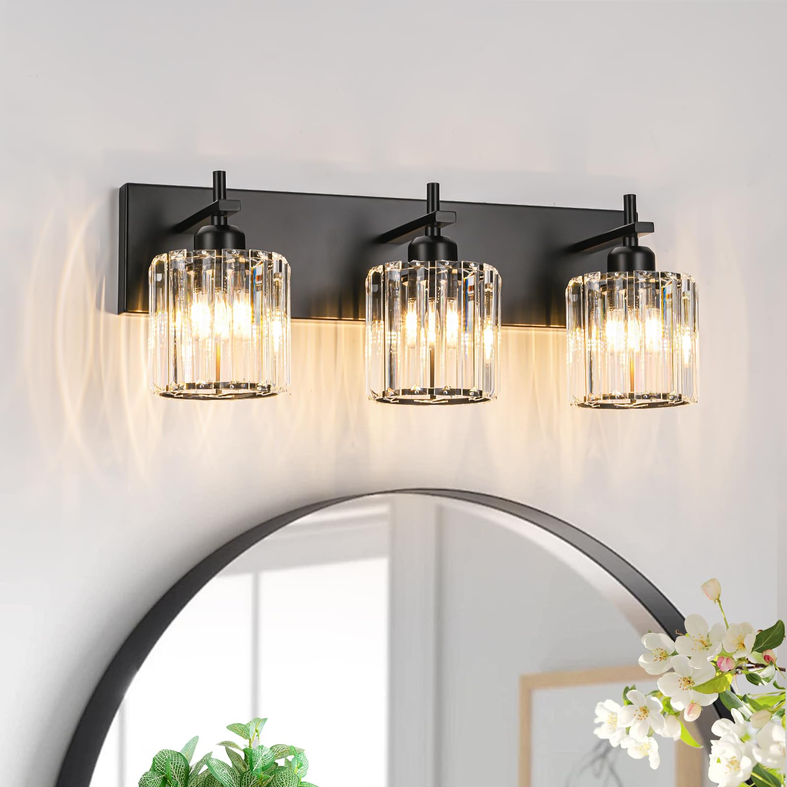 HUOKU Bathroom Vanity Lights, Modern 3-Light Crystal Wall Lighting, Black-Round Shade, Metal, Model 37487a34-85aa-442a-bf20-a85861846