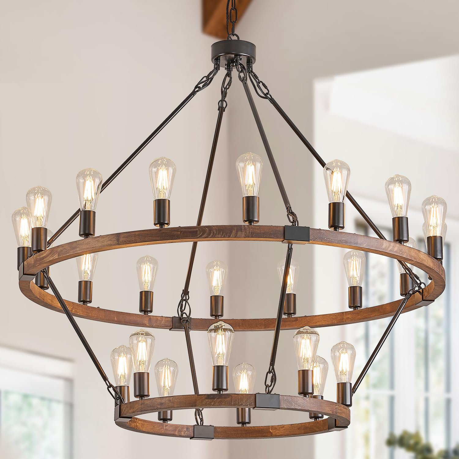 Poemoon 2 Tier Wooden Wagon Wheel Chandelier 43.3 Farmhouse 24 Lights(16+8) Black Rustic Light Fixture 2-Story Round Wood Chandelier for High Ceiling Living Dining Room Foyer Villa