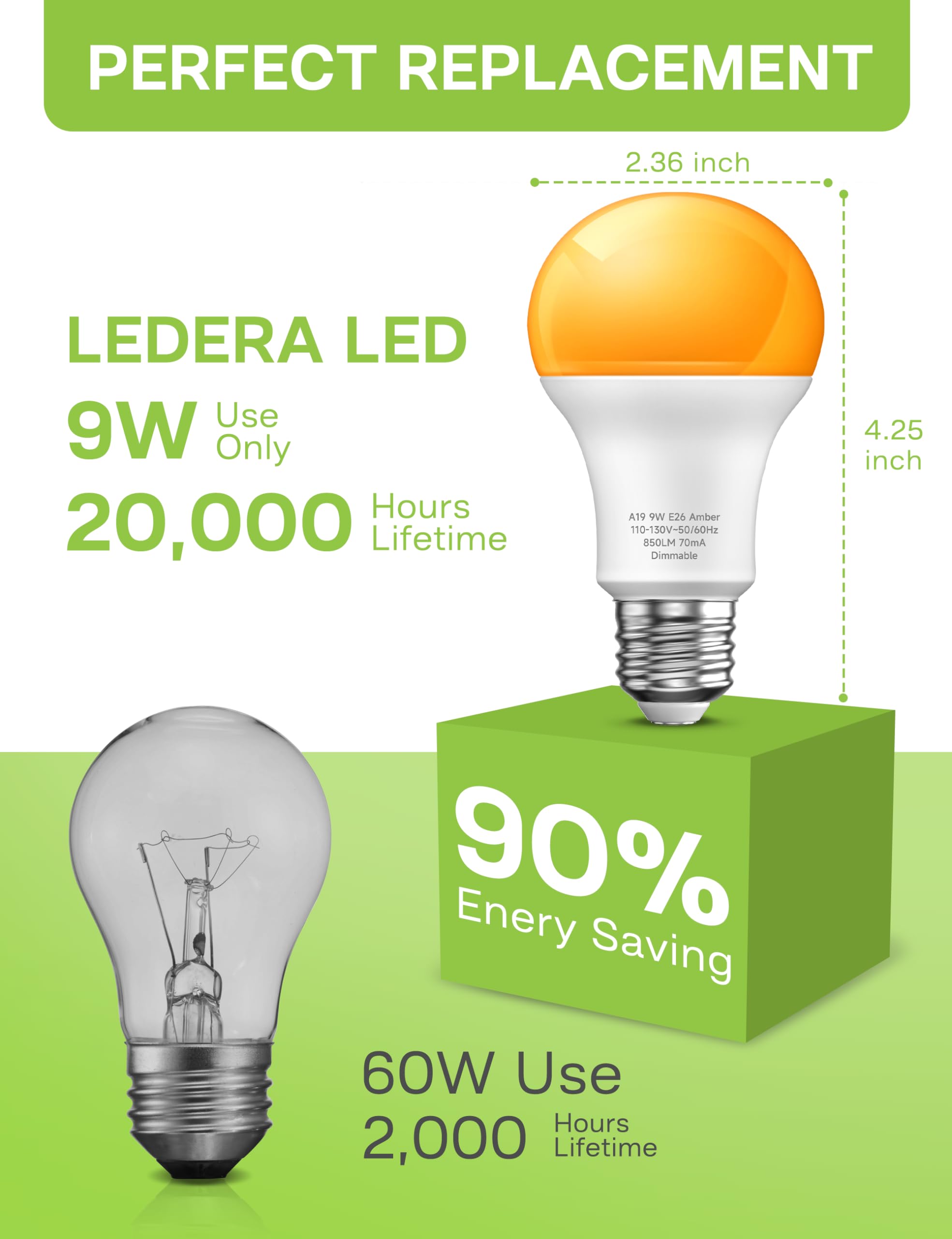 Led Amber Light Bulbs, A19 9W(60W Equivalent) 2000K Amber Yellow Led Bulbs, E26 Base For Bedroom, Porch, Baby Nursery Room, Yard