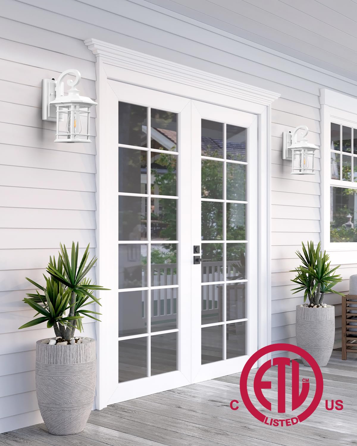 VIANIS Outdoor Wall Lights - 2 Pack Dusk to Dawn White Aluminum Porch Lighting Fixtures, Model V81522WH, Anti-Rust Seed Tempered Glass