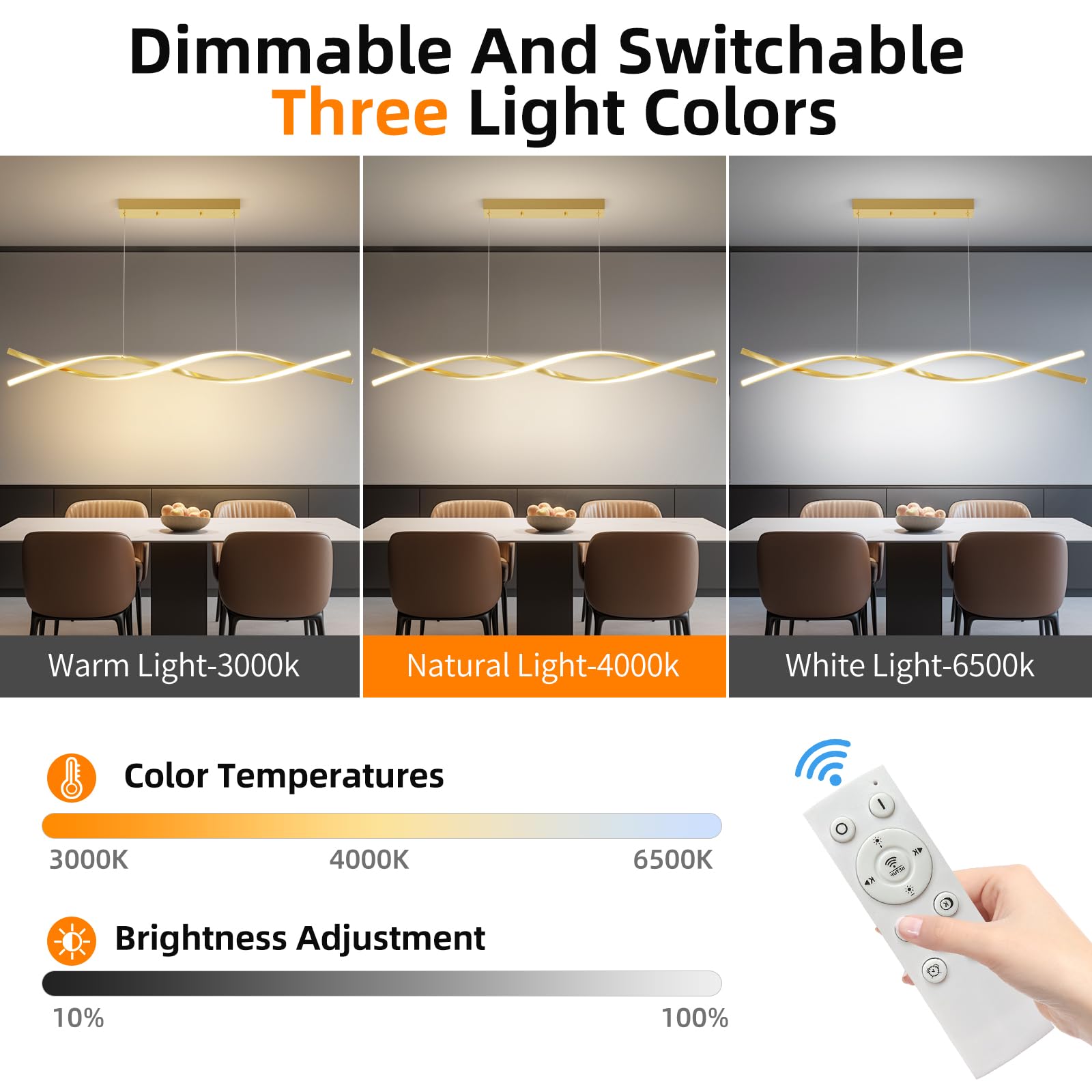 Mikeru Modern Gold Ceiling Pendant Light, 57in Aluminum Chandelier with Remote, Adjustable Color Temperature, D-Gold