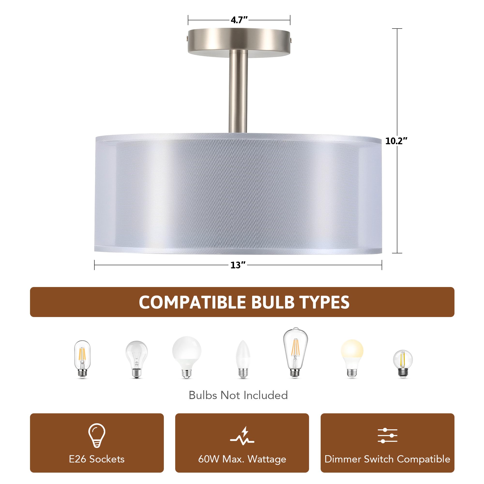 Vonluce Semi Flush Mount Ceiling Light, 13'' Ceiling Light Fixture With 2-Layer Fabric Shade, 3-Light Modern Drum Light Fixture