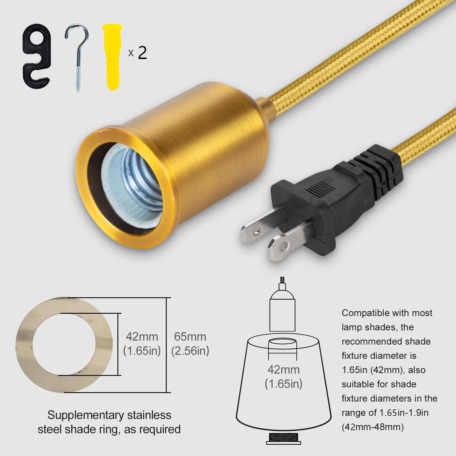 Hovnuyee Pendant Light Kit, 15ft Cord, Gold Aluminum, Industrial Design, 2 Pack, Model 5215.3