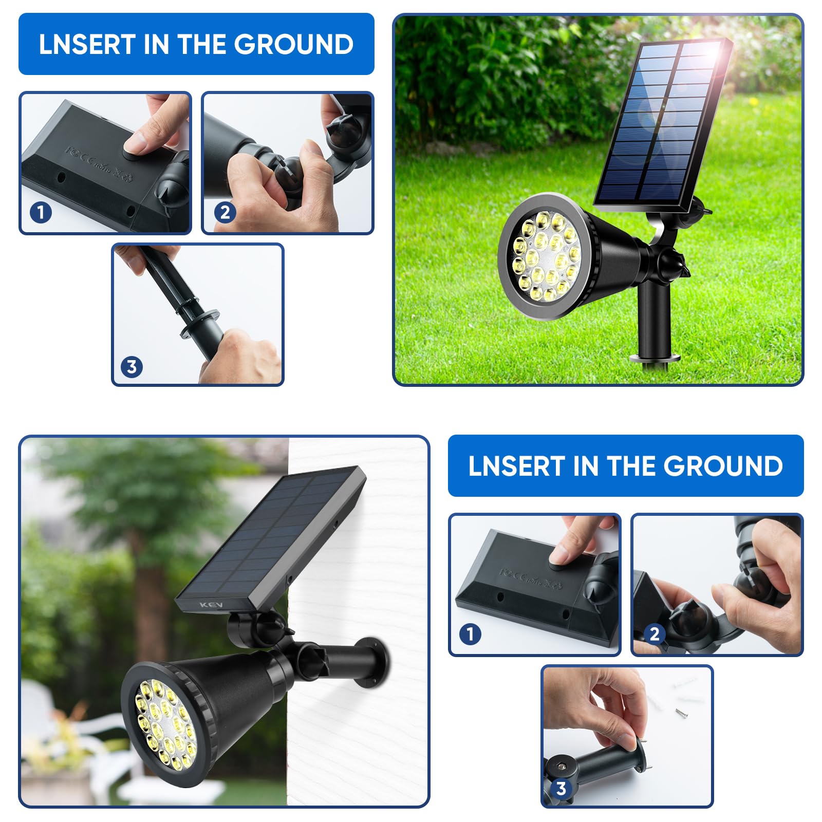 KEV Solar Spot Lights, 800 Lumens, 18 LEDs, IPX65 Waterproof, Adjustable, Warm White, 2 Pack, Model KEV-11