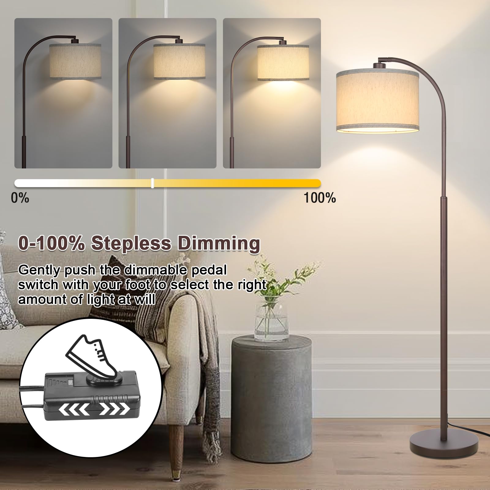 Boncoo Dimmable Floor Lamp, Arc Standing Lamp With Stepless Dimmer, Brown Floor Lamp With Adjustable Linen Beige Shade For Livin
