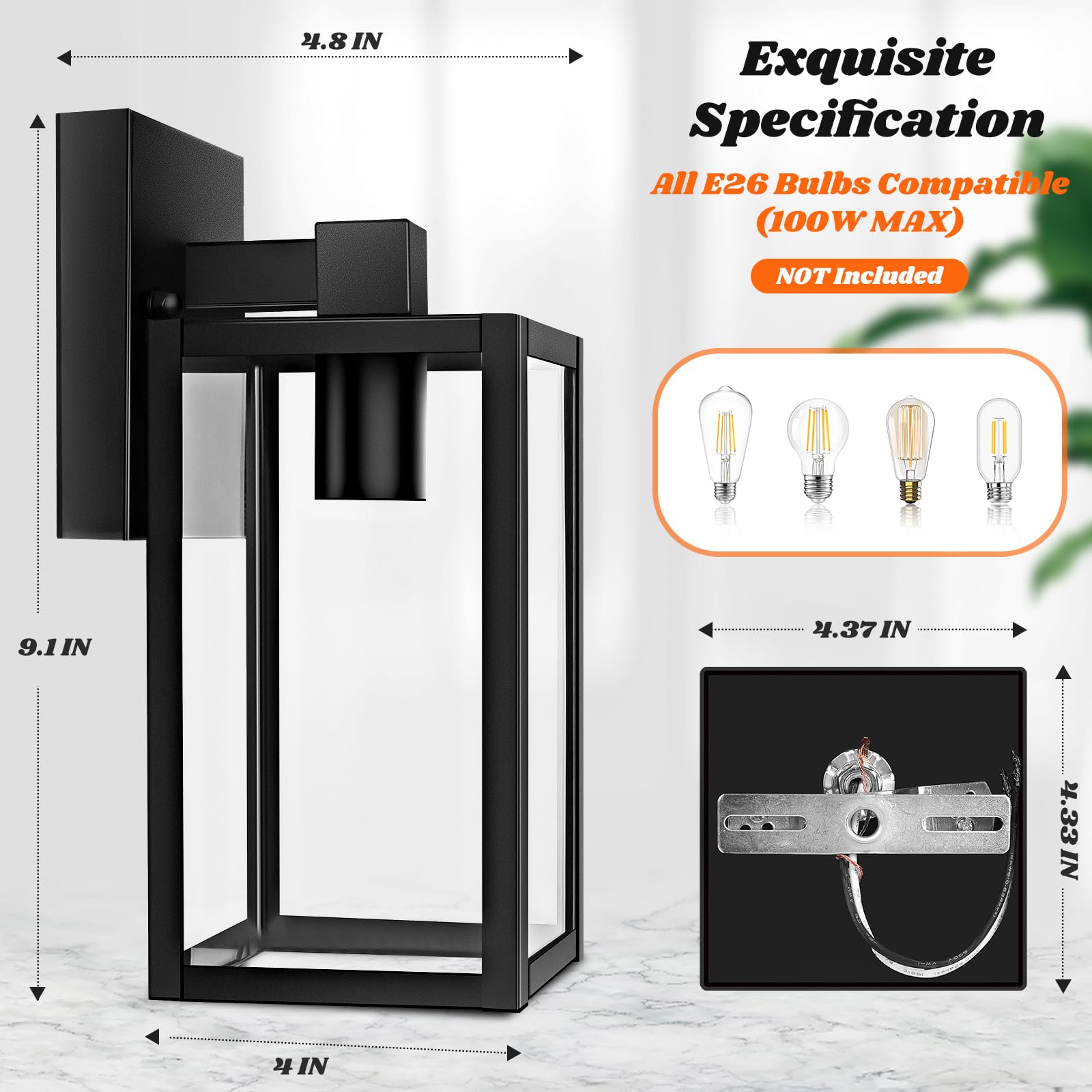 Brightever 2-Pack Outdoor Wall Lanterns, Black Waterproof Sconce Light Fixtures, 9.1 Inch, Clear Glass for House, Porch, Garage