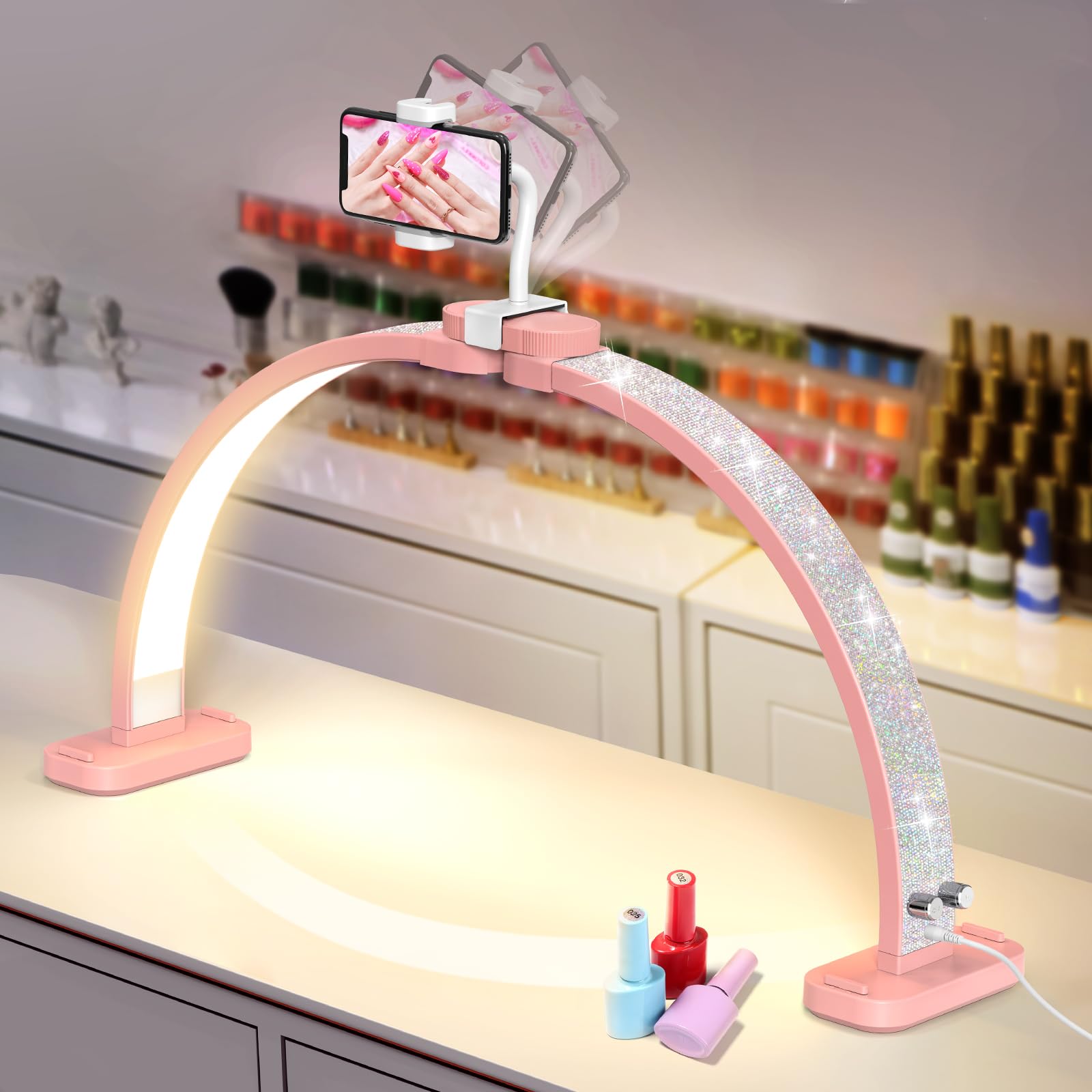 LIONVISON Half Moon Light - 48W LED Lamp with Phone Holder, Pink, 30 inch, Aluminum, Model 0002, Foldable for Nail and Eyelash Tech