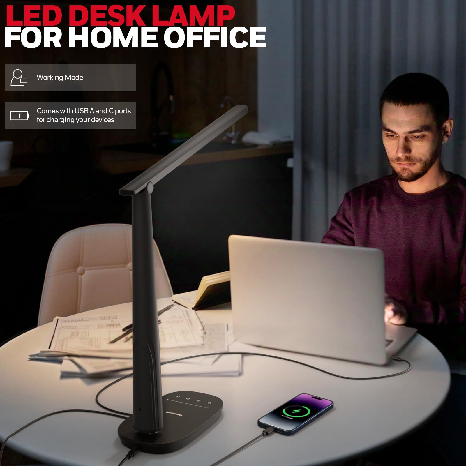 Honeywell Desk Lamp For Home Office, Dimmable Led Desk Light With Usb A+C Dual Charging, 4 Modes Brightness Touch Lamp With Time