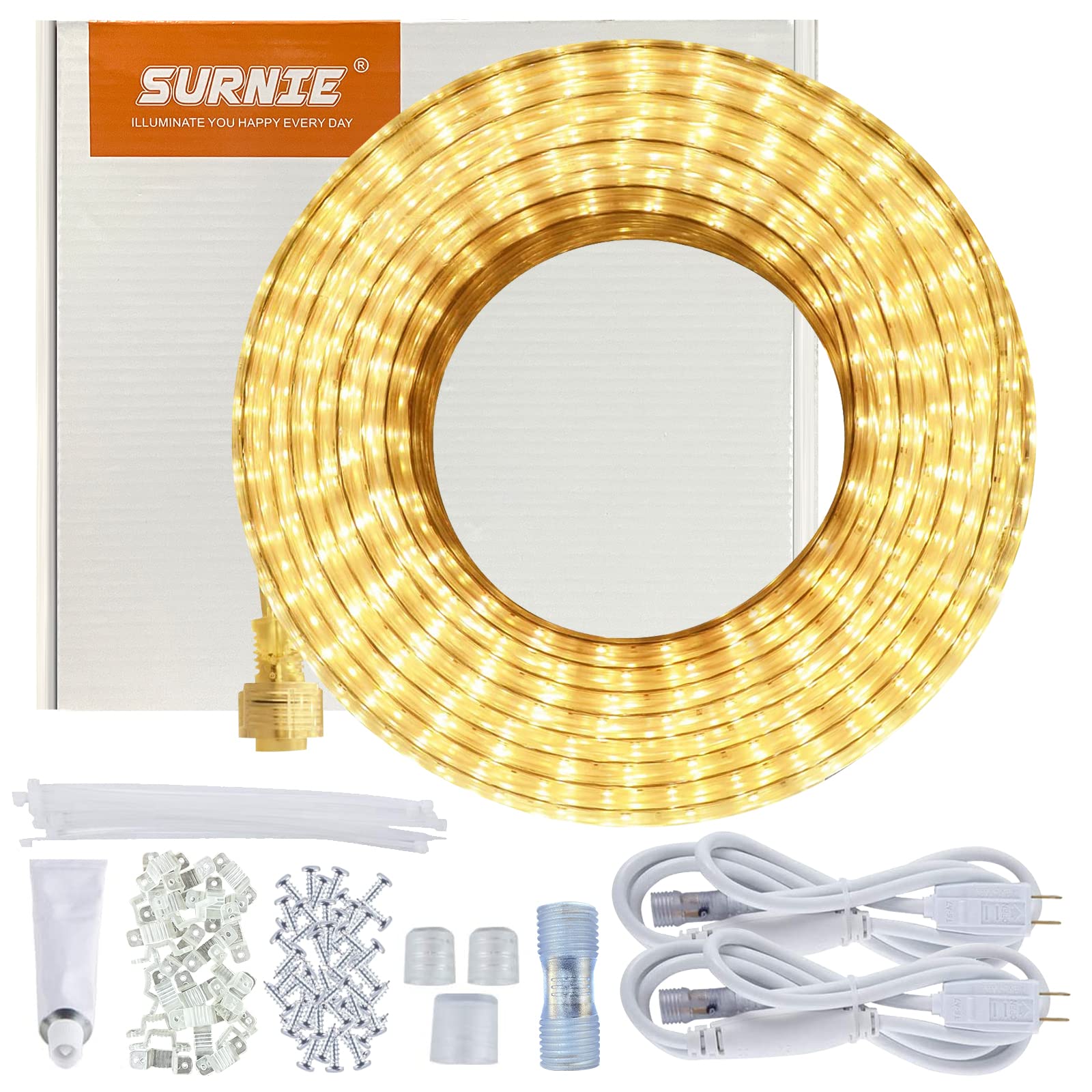 SURNIE LED Rope Lights Outdoor Waterproof 50ft Warm White Flexible 110V, Model SR11102-15-WW-NA