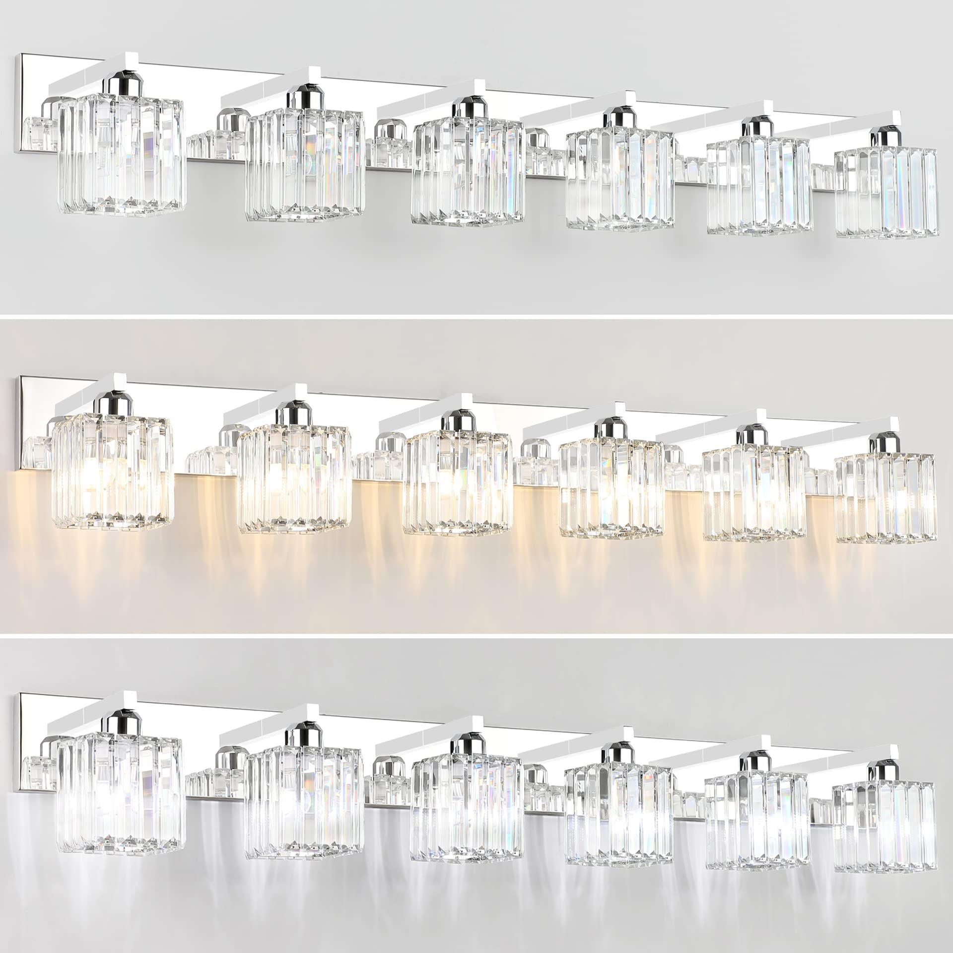 Aipsun Chrome Bathroom Vanity Light Fixtures, 6-Light, Stainless Steel & Crystal, 49 Inch, Model 8461