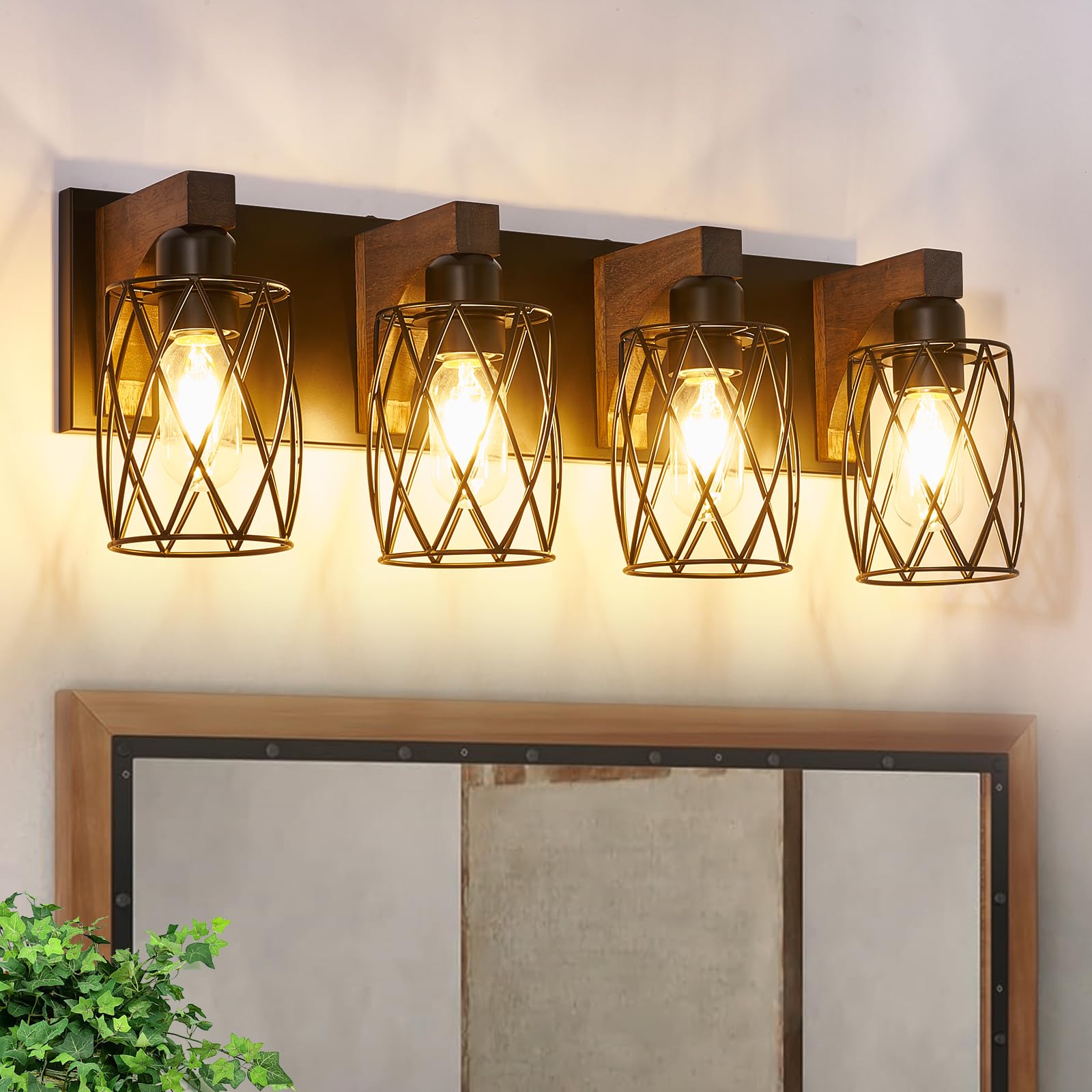 RVONOW 4-Light Bathroom Vanity Light, Black Metal Cage Shade, Rustic Wood Design, Model B219-057-04-BK