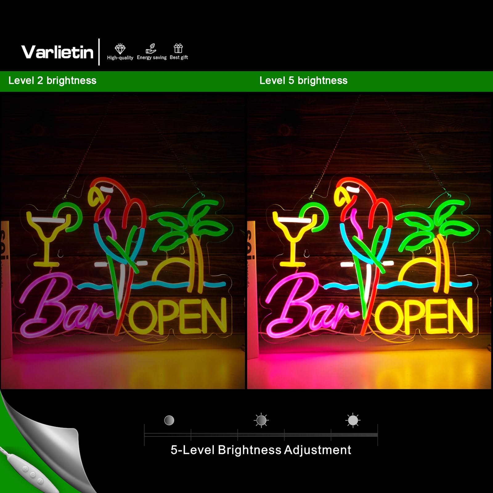 VarLietin Bar Open Neon Sign - LED Wall Decor Light, Dimmable, 16.4 x 12.6 inches, Pink/Red/Green/Blue for Pub, Man Cave