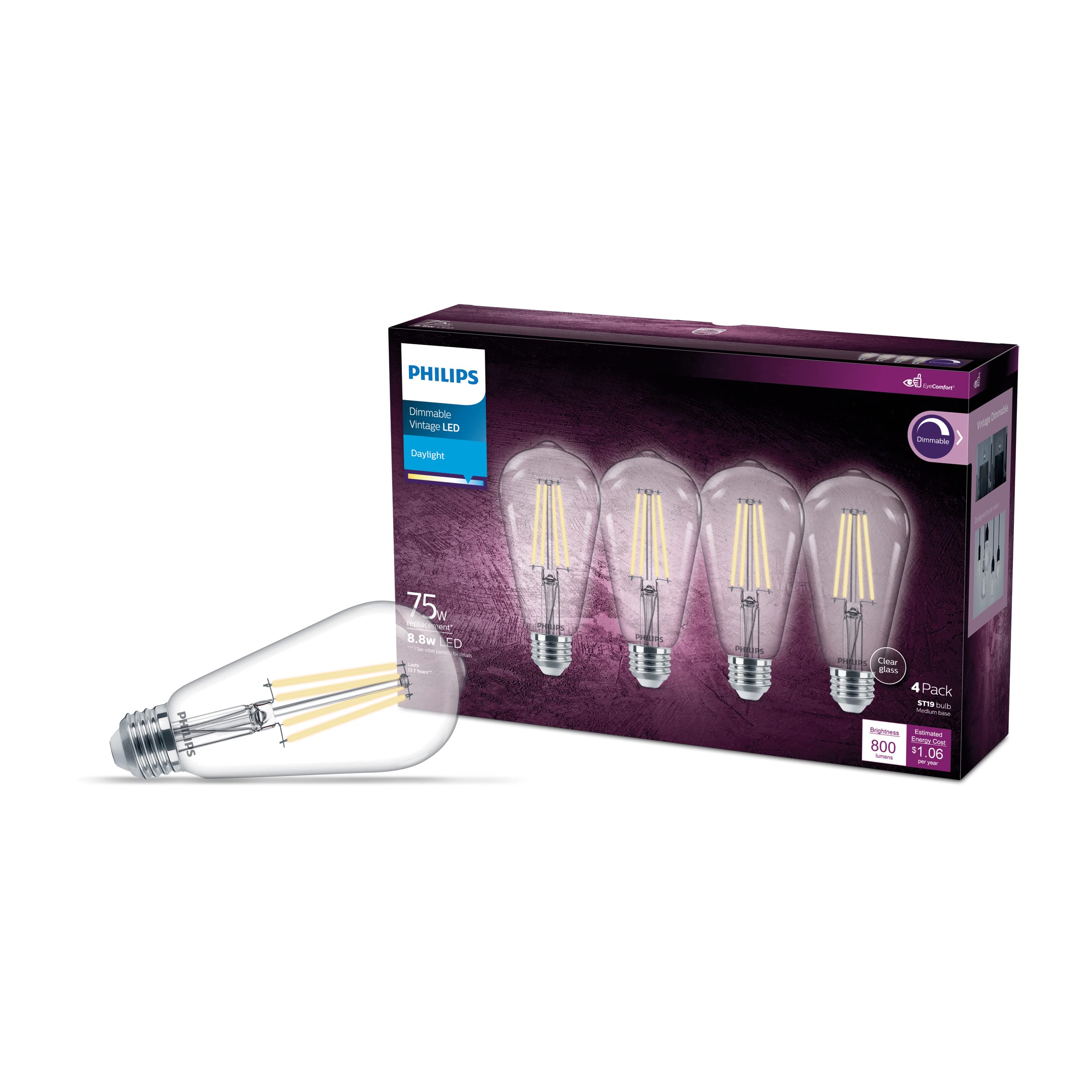 Philips LED Vintage ST19 Bulb - Dimmable, Daylight 5000K, 800 Lumen, 8.8W=75W, E26 Base - 4 Pack