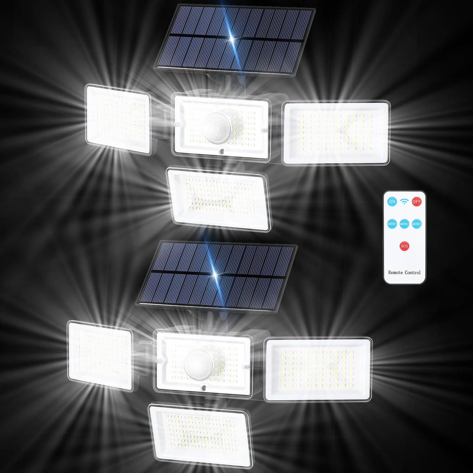 CADUKE Solar Motion Sensor Lights, 4 Heads, 2500LM, IP65 Waterproof, Remote Control, Black, 2 Pack, Model RK-Solar Light