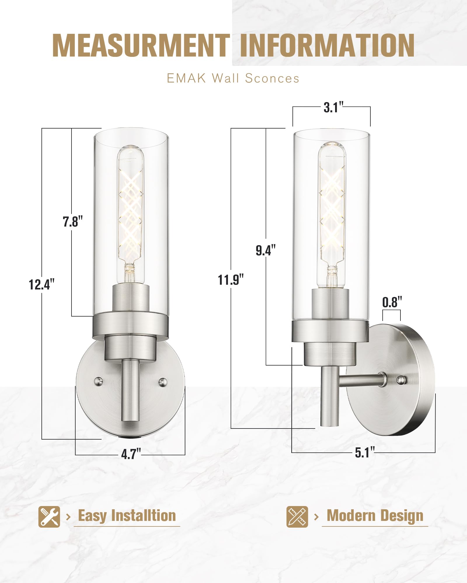 Emak Brushed Nickel Wall Sconce Light, Modern Bathroom Light Fixtures With Clear Glass Shade, 1 Light Wall Lights For Bedroom, B
