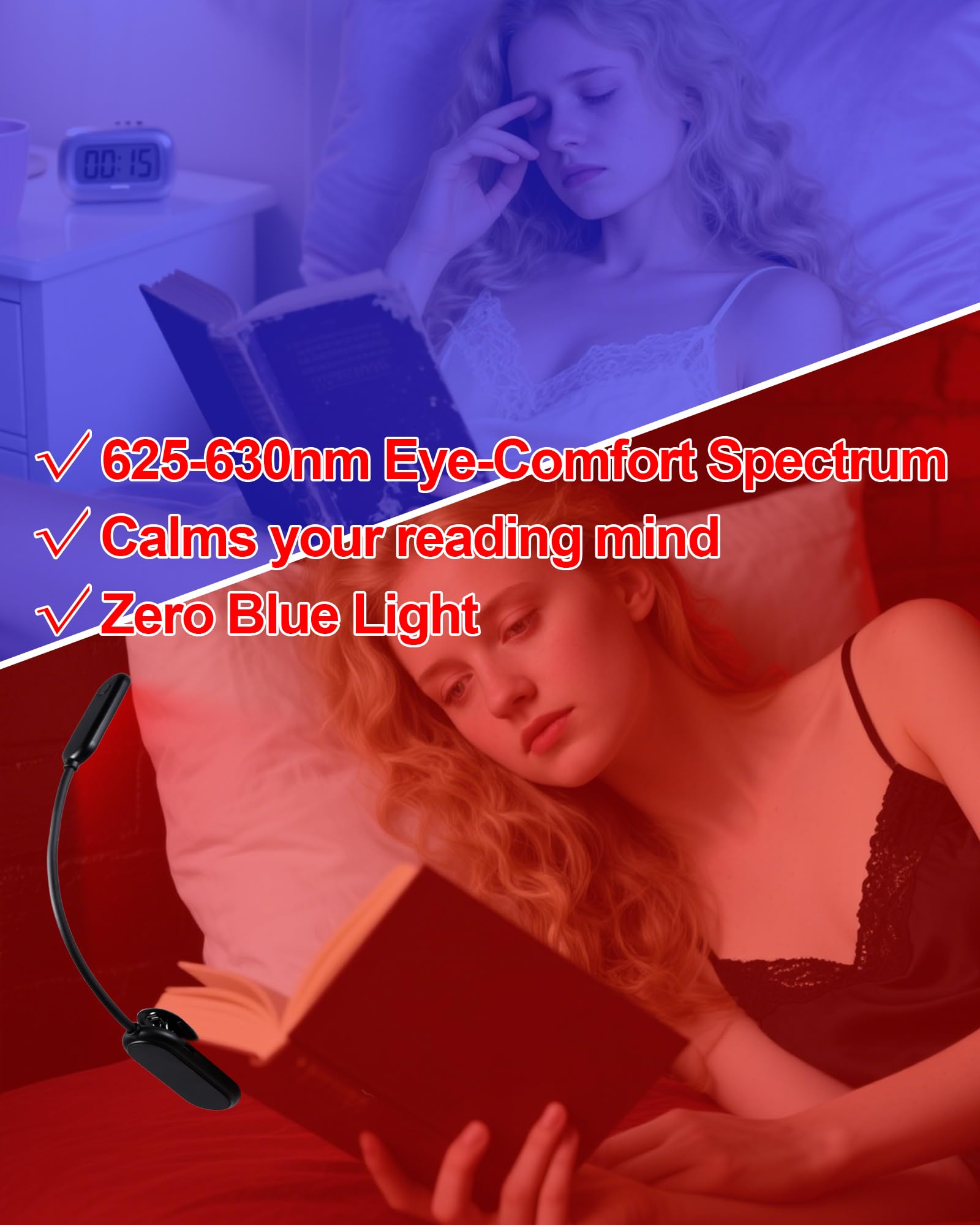 Finezeal Rechargeable Red Book Light - Portable LED Therapy Lamp, 3 Modes, Clip-On, Black-1 Pack