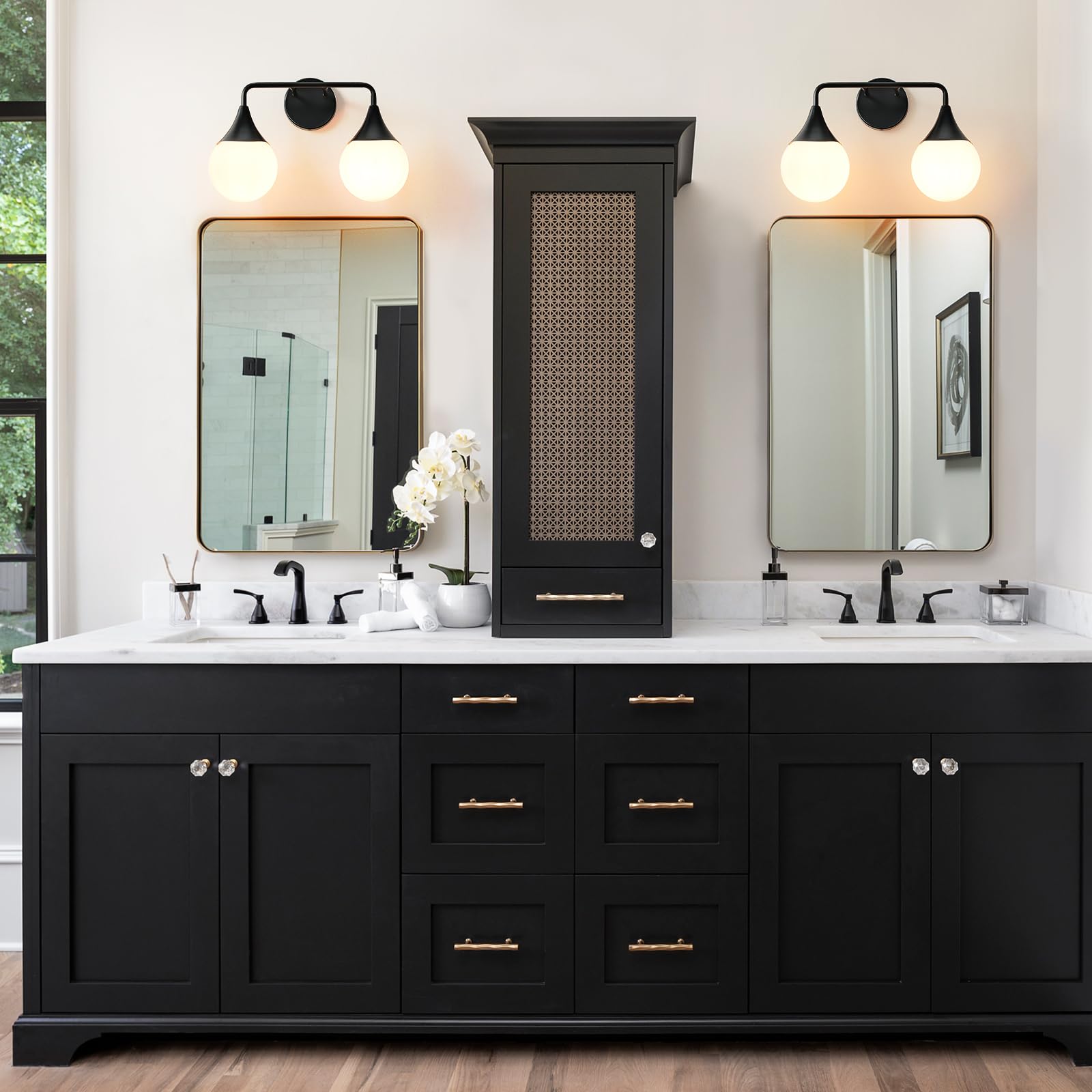 HAHZT Bathroom Vanity Light Fixture - 2 Lights Mid Century Black Metal Sconces with Frosted Globe Glass - Model 8089ML