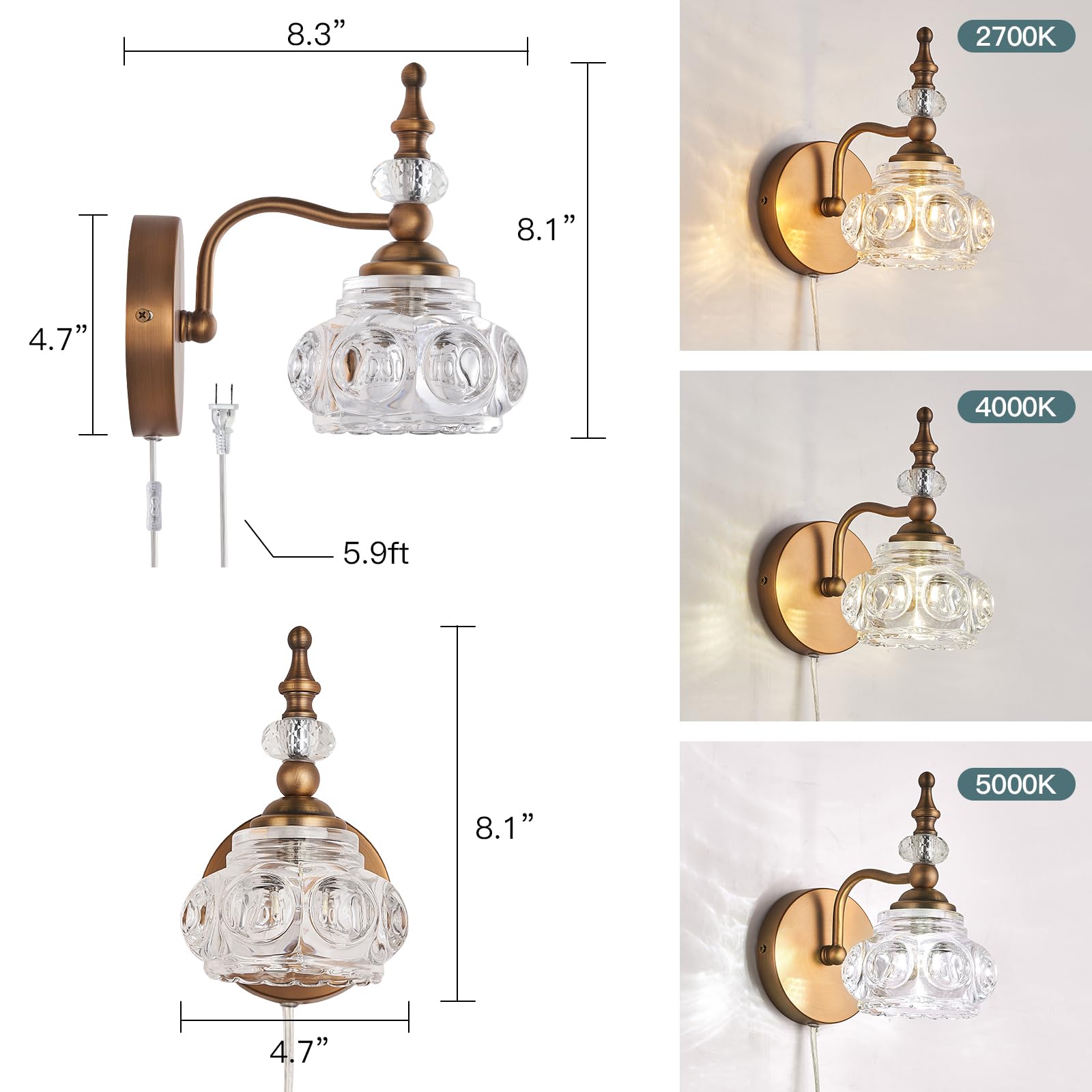 Zilanl Vintage Wall Sconces 2-Pack Plug In Wall Light Fixtures Gold Wall Sconces Set Of Two Bathroom Vanity Lights For Bedroom,