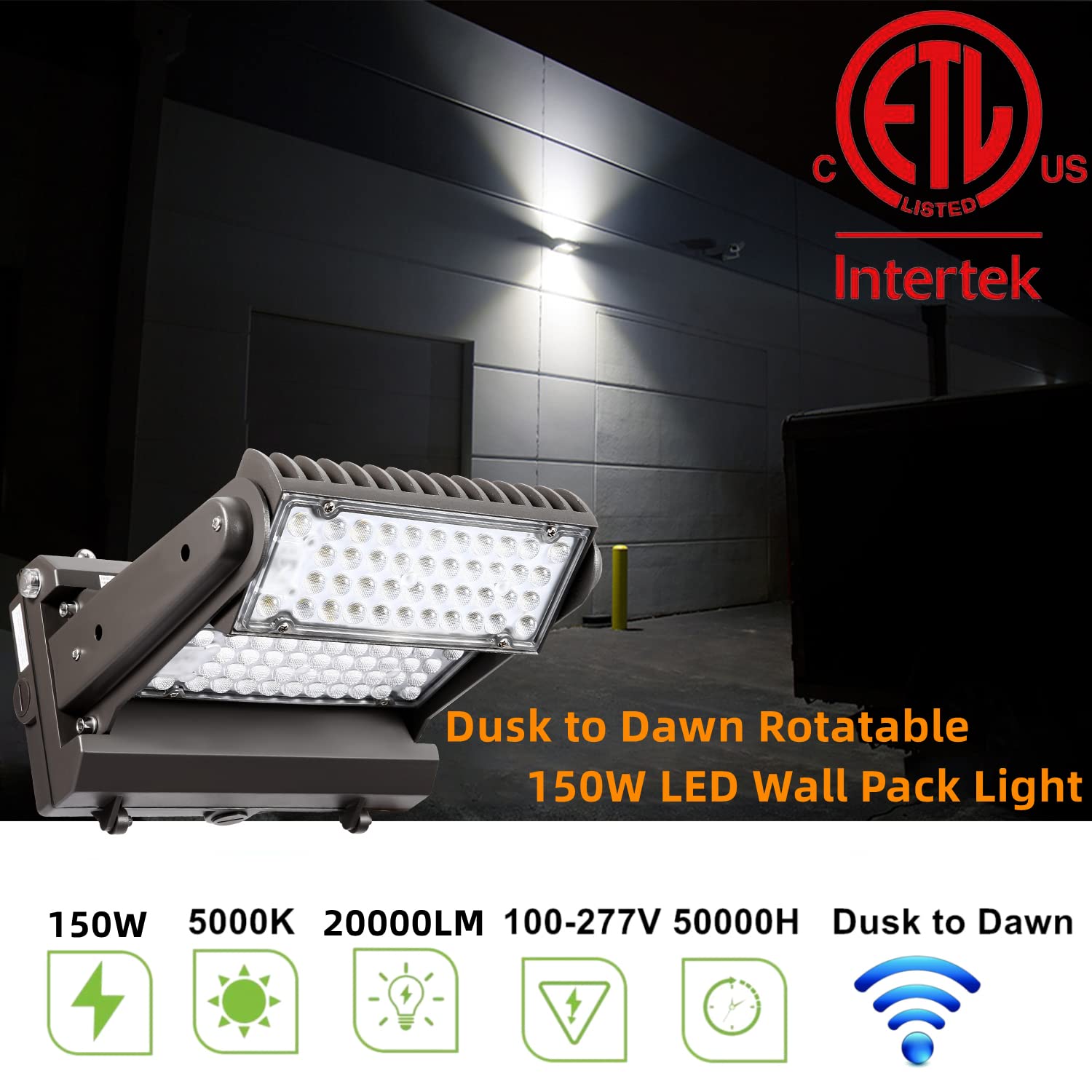 Eccfutll 150W Rotatable Led Wall Pack Light, 5000K, 20000Lm, Etl For Outdoor