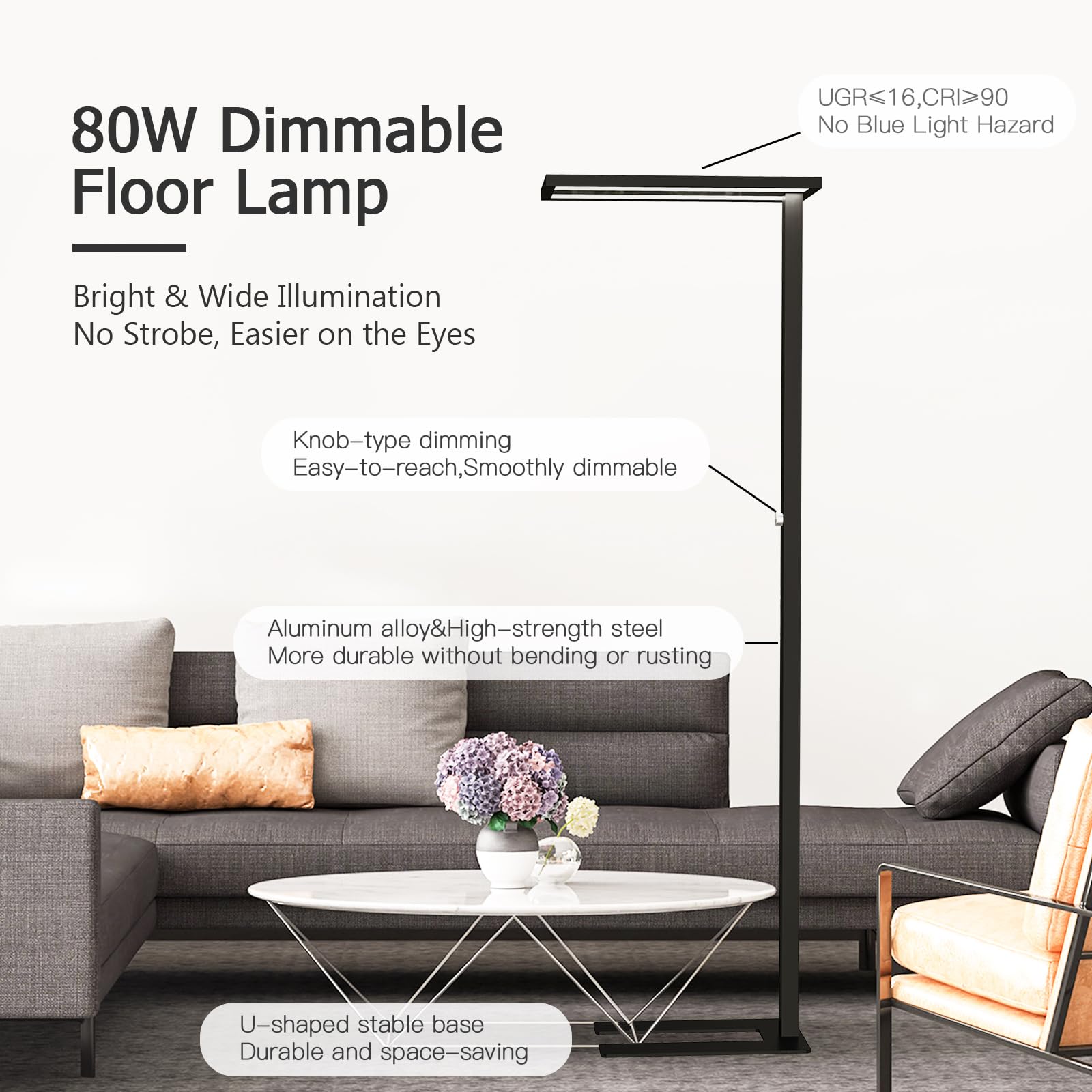 STERREN Eye-Care LED Floor Lamp, 76" Tall, 100W, 10500LM Bright, Black Aluminum, Model LAFA-02-AM