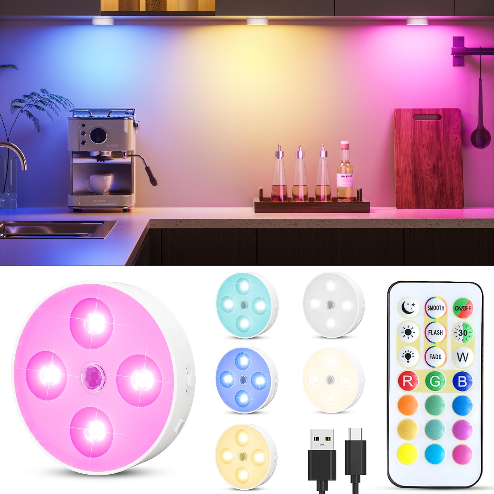 Puck Lights with Remote, Rechargeable 1500mAh Motion Sensor Night Lights, 13 RGB Colors, Dimmable LED Under Cabinet Lighting, Ma